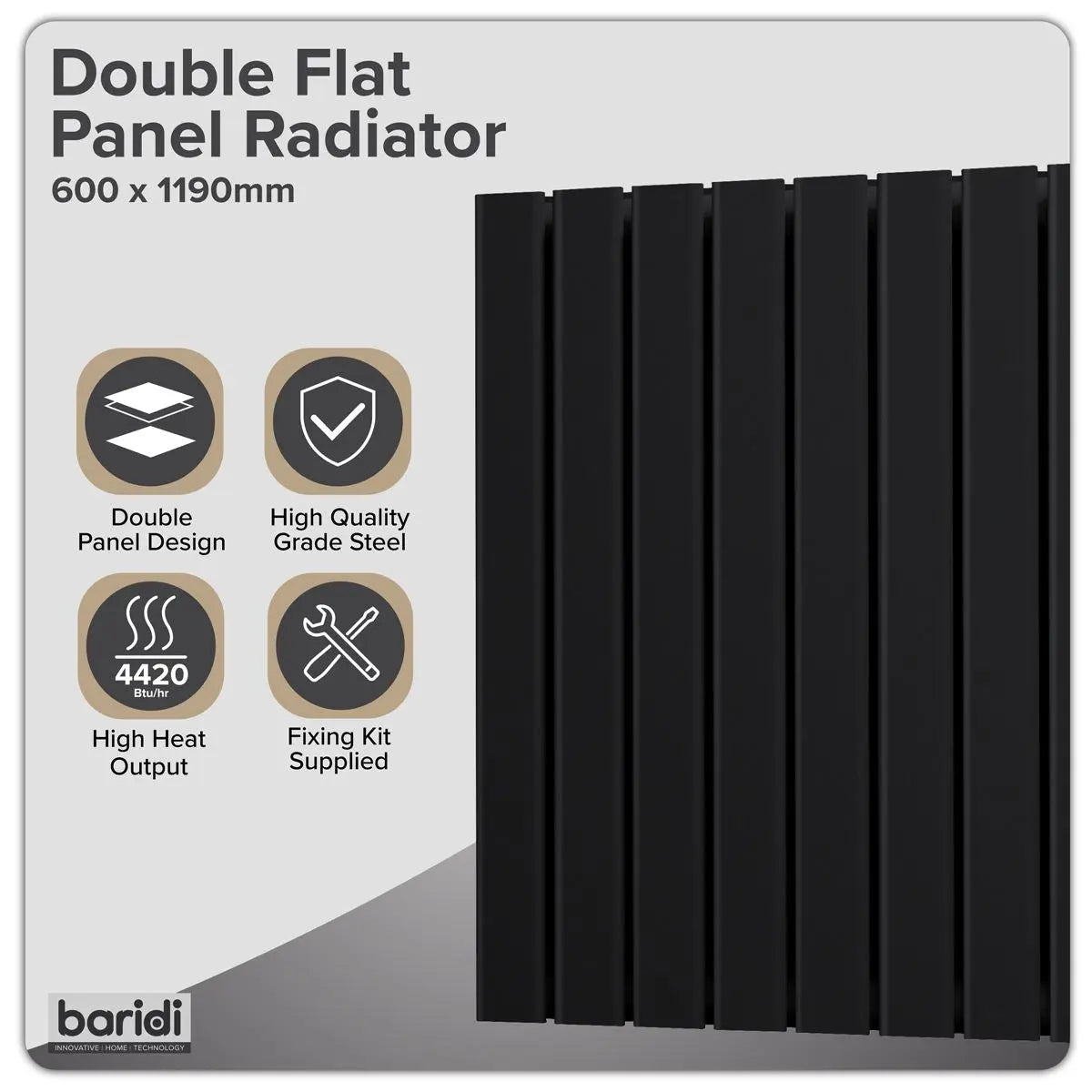 Baridi Horizontal Radiator Contemporary Double Flat Panel Design 600 x 1190mm – Black  White Rose Tools