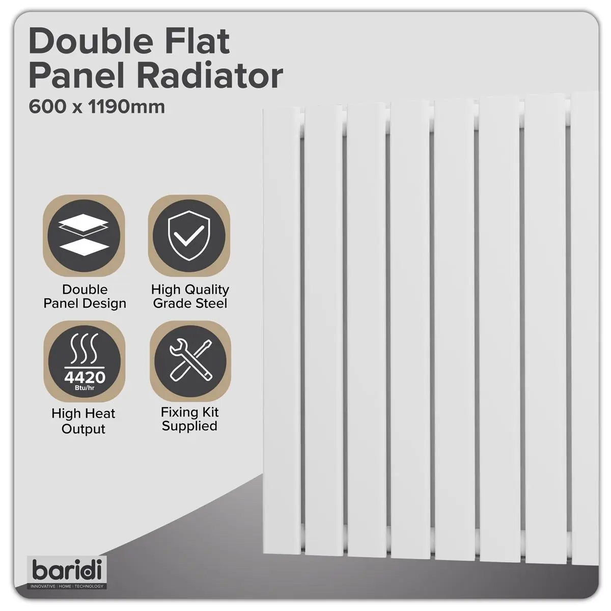 Baridi Horizontal Radiator Contemporary Double Flat Panel Design 600 x 1190mm – White  White Rose Tools
