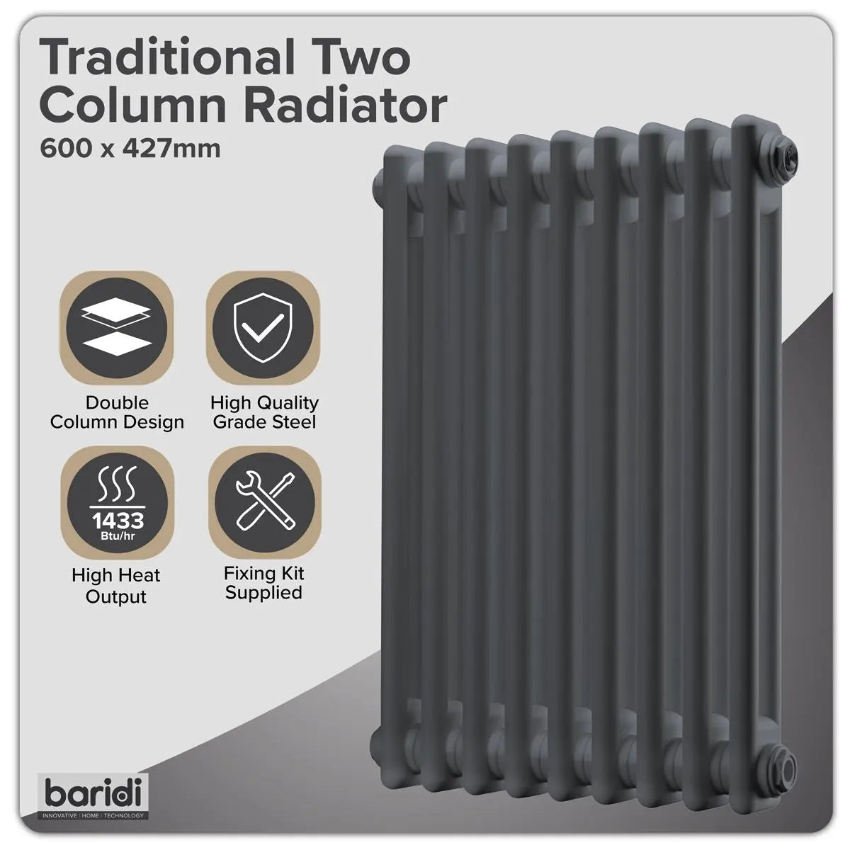 Baridi Horizontal Radiator Contemporary Double Flat Panel Design 600 x 1190mm – White  White Rose Tools