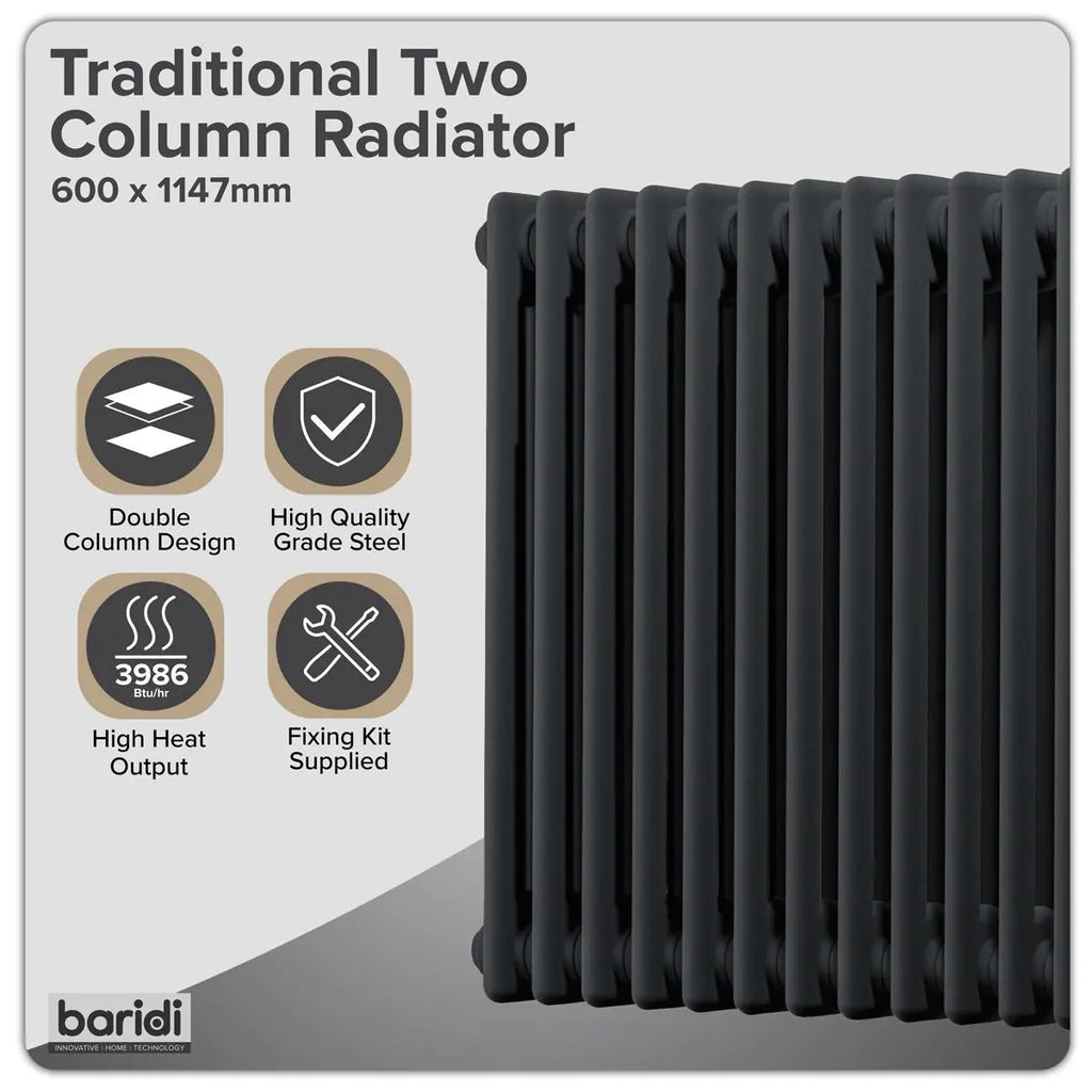 Rose La Radiator Baridi Horizontal Traditional 2 Column Radiator 600×1147mm | Black