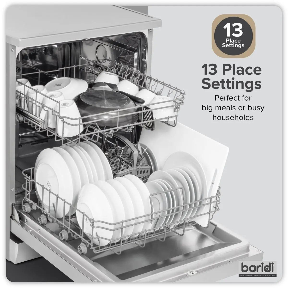 Baridi Regular Sized Freestanding Dishwasher 60cm Wide 13 Place Settings - Silver  White Rose Tools