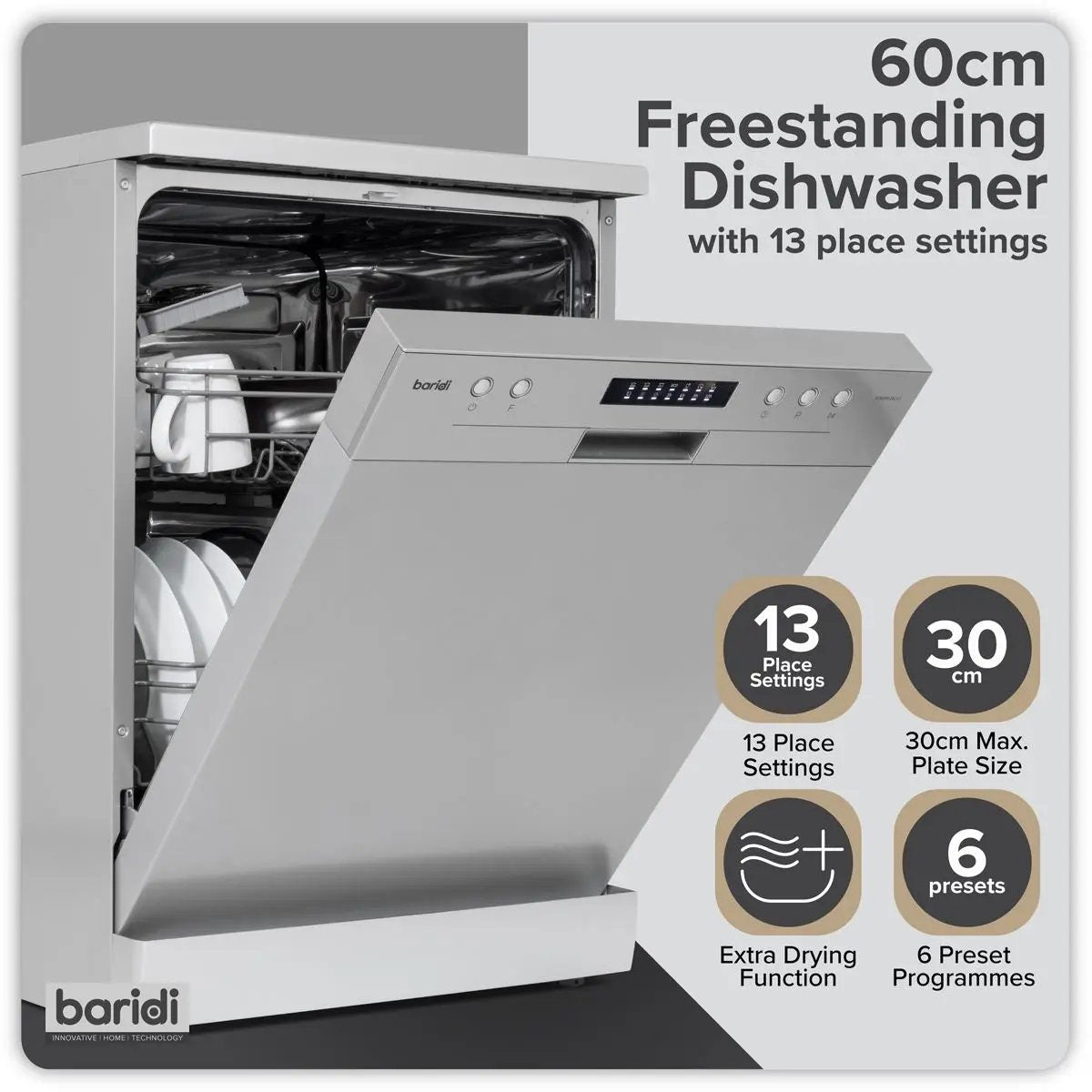 Baridi Regular Sized Freestanding Dishwasher 60cm Wide 13 Place Settings - Silver  White Rose Tools