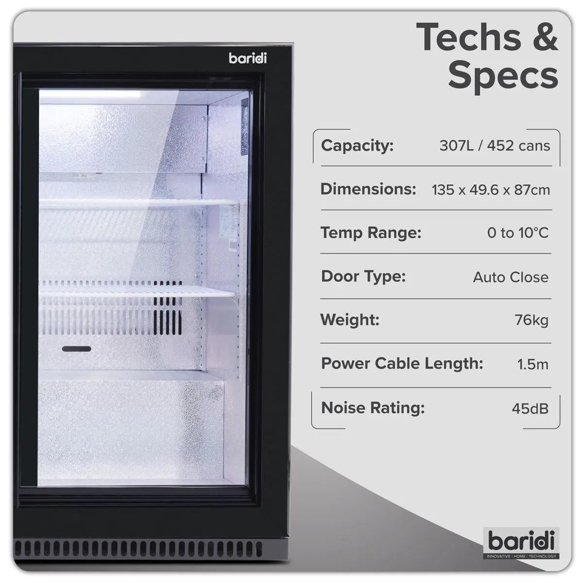 Baridi Sliding Triple Door, Back Bar Drinks Fridge/Cooler, 307L Capacity  White Rose Tools