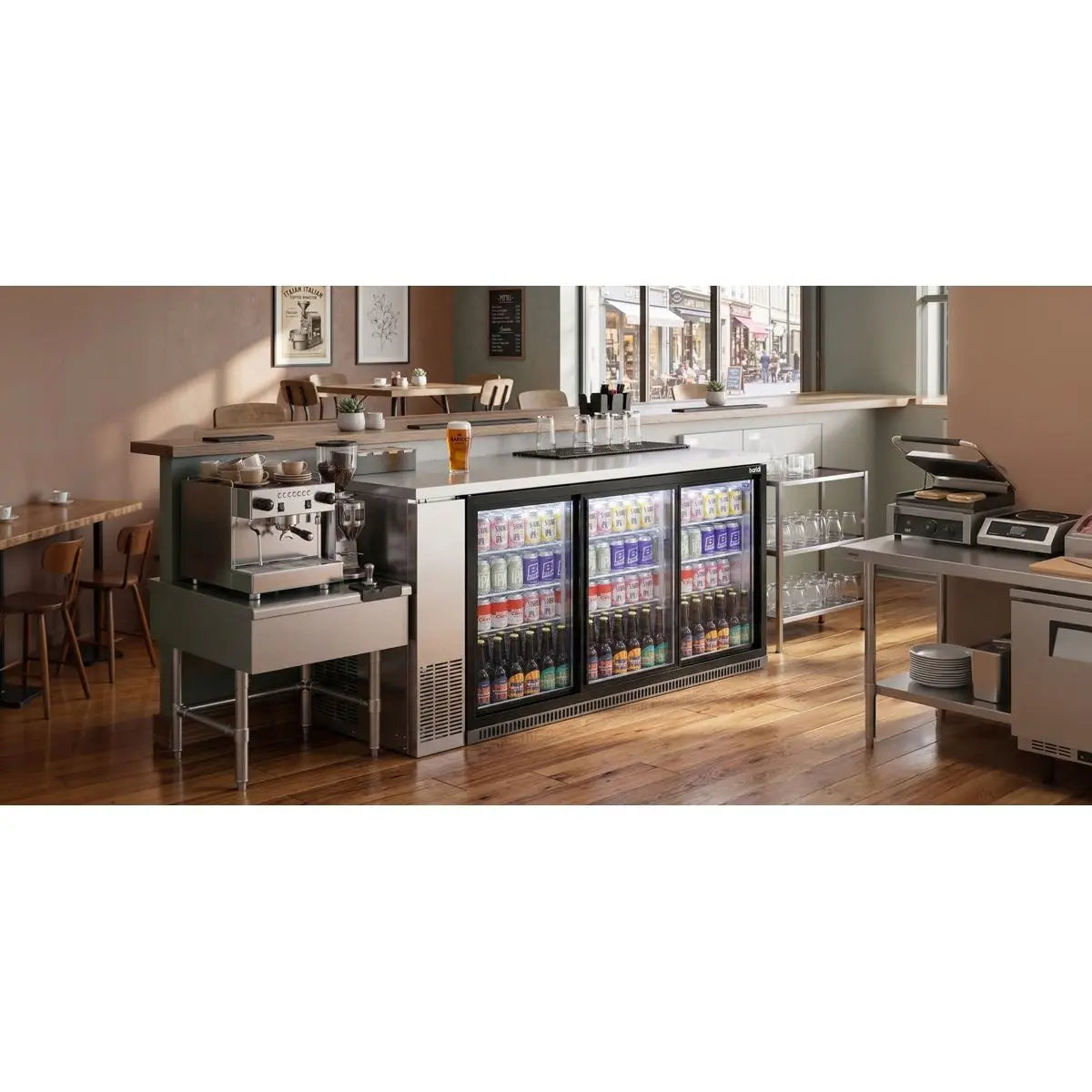 Baridi Sliding Triple Door, Back Bar Drinks Fridge/Cooler, 307L Capacity  White Rose Tools