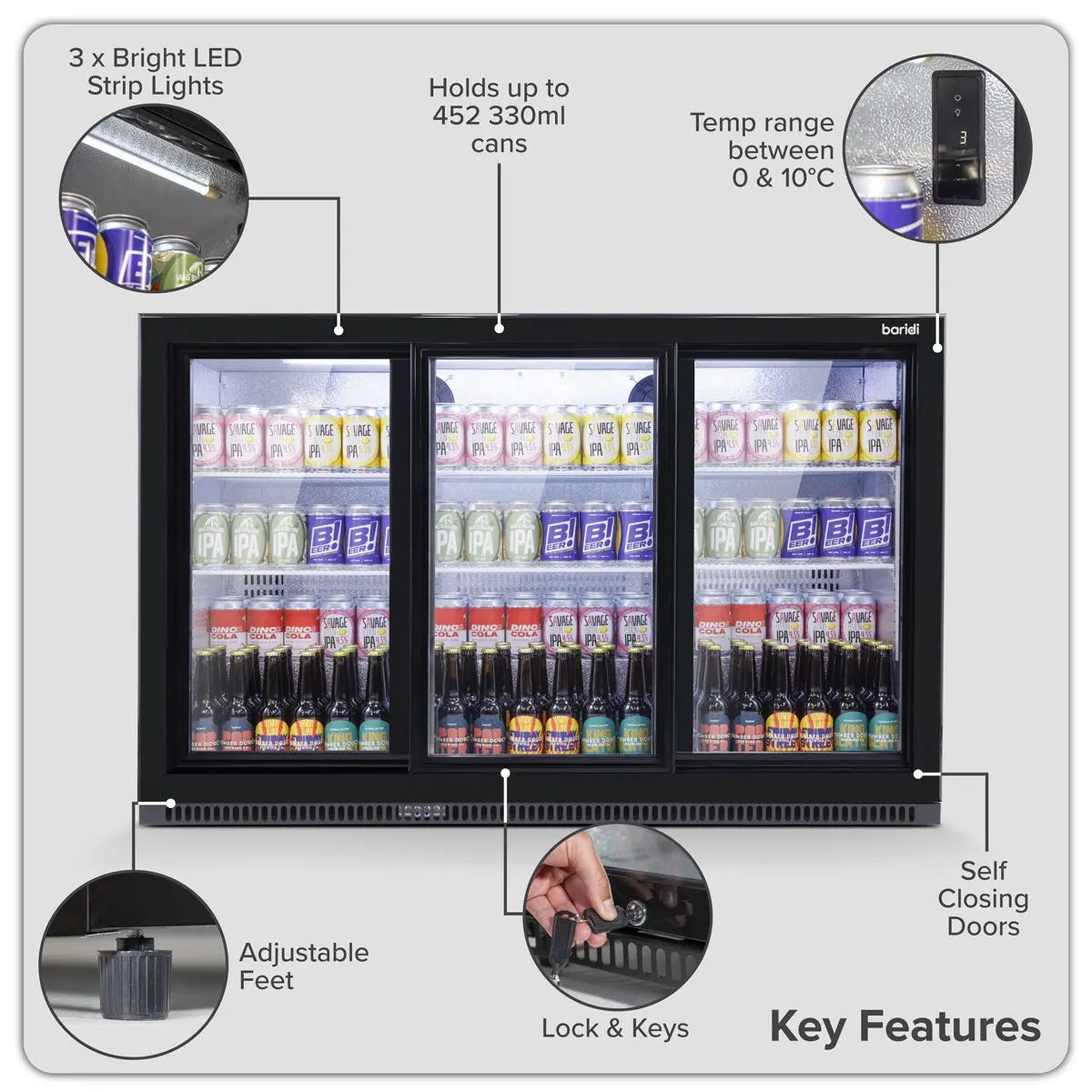 Baridi Sliding Triple Door, Back Bar Drinks Fridge/Cooler, 307L Capacity  White Rose Tools