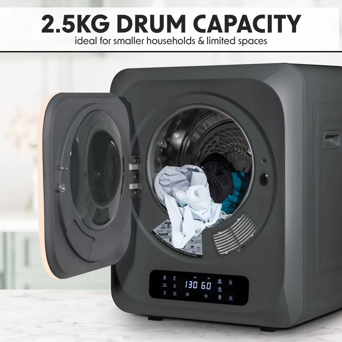 Baridi Small Tumble Dryer, Portable, 2.5kg, Vented, Perfect for Counter Top or Wall Mounted Use with Digital Controls, Compact, Black Mini Spin Dryer - DH229  White Rose Tools