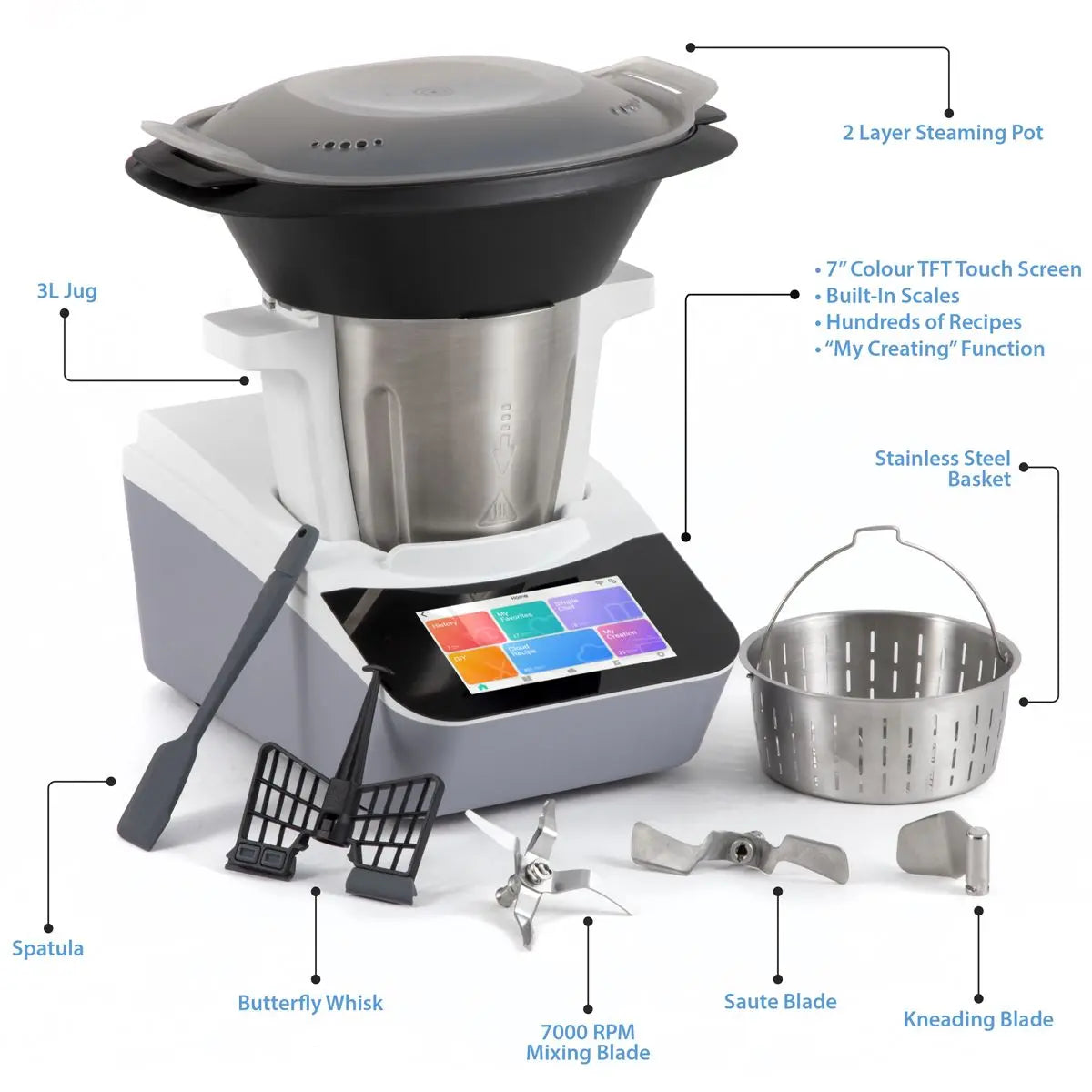 Baridi Smart Kitchen Robot Thermo-Cooker, 18 Preset Functions, 7” TFT Touchscreen  White Rose Tools