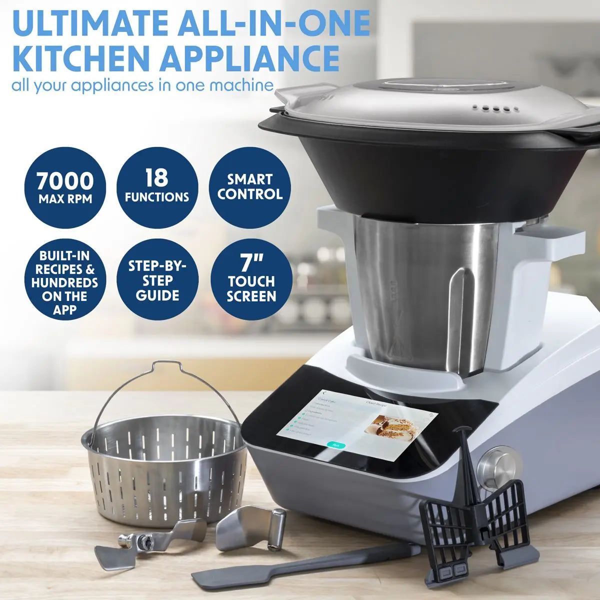 Baridi Smart Kitchen Robot Thermo-Cooker, 18 Preset Functions, 7” TFT Touchscreen  White Rose Tools