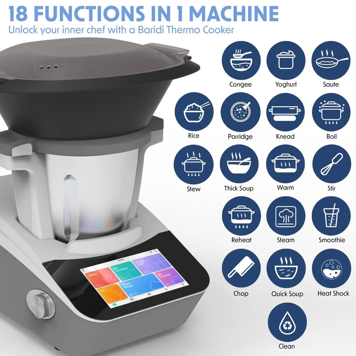 Baridi Smart Kitchen Robot Thermo-Cooker, 18 Preset Functions, 7” TFT Touchscreen  White Rose Tools