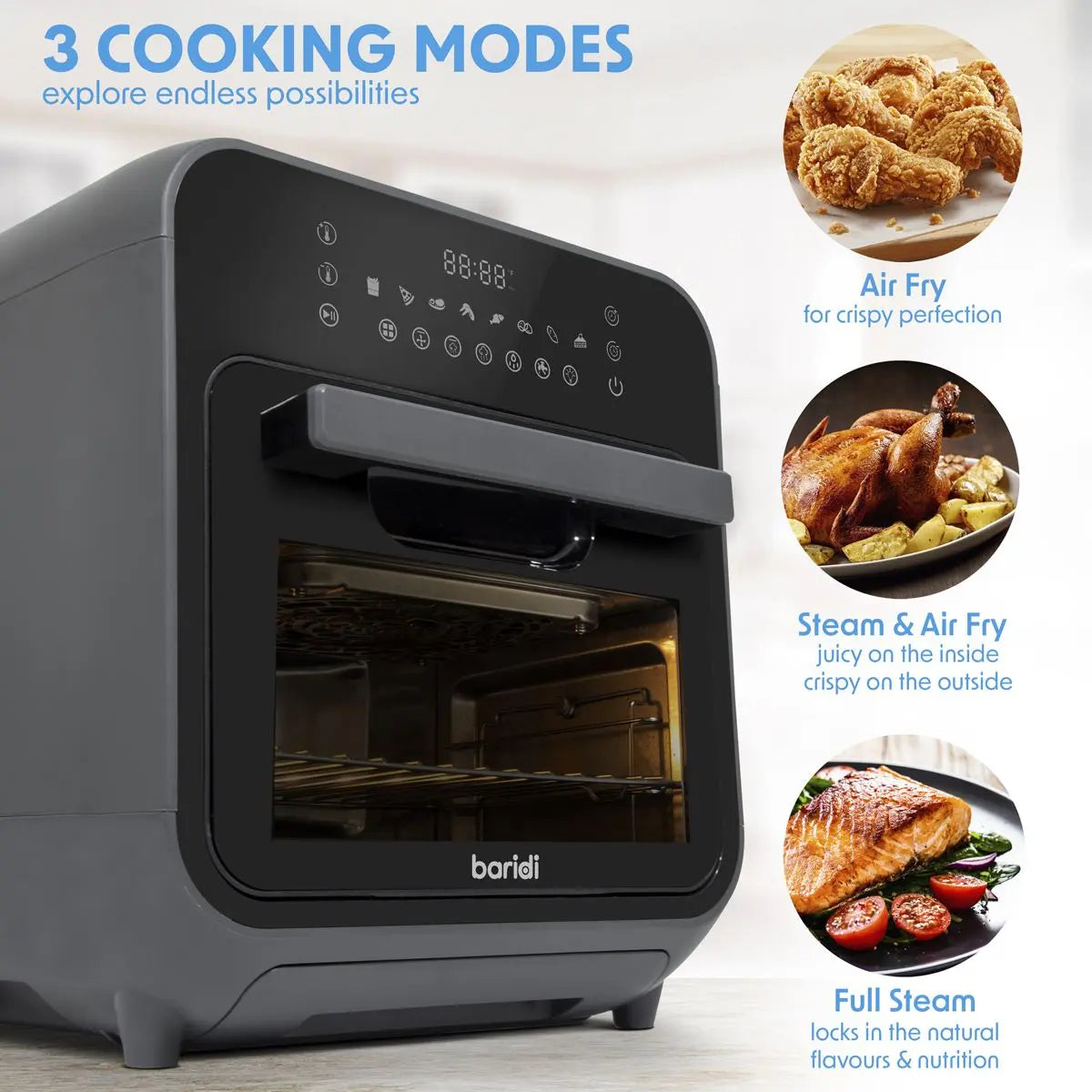 Baridi Steam Air Fryer Oven, Self-Cleaning, 8 Preset Programs, 1635W, 15L, Black  White Rose Tools