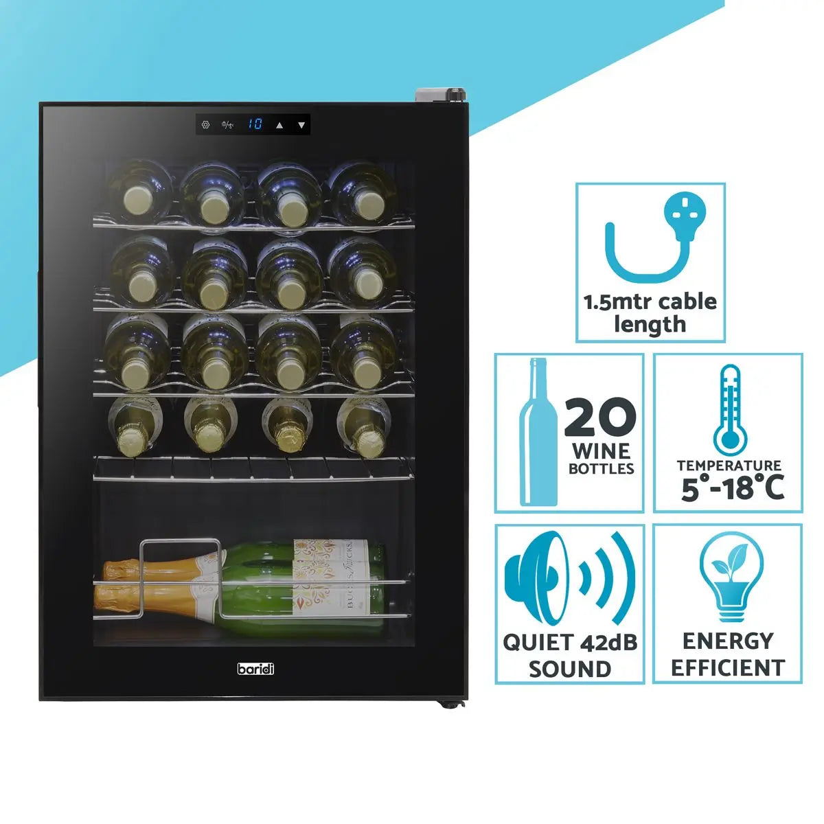 Baridi Wine Cooler/Fridge, Digital Touchscreen Controls, LED Light, 20 Bottle - Black  White Rose Tools