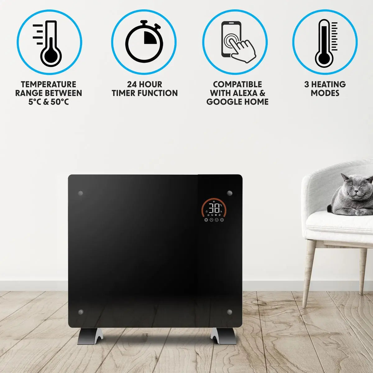 Baridi, Electric Glass Panel Heater, 1000W, Wi-Fi Enabled, Black - DH135  White Rose Tools