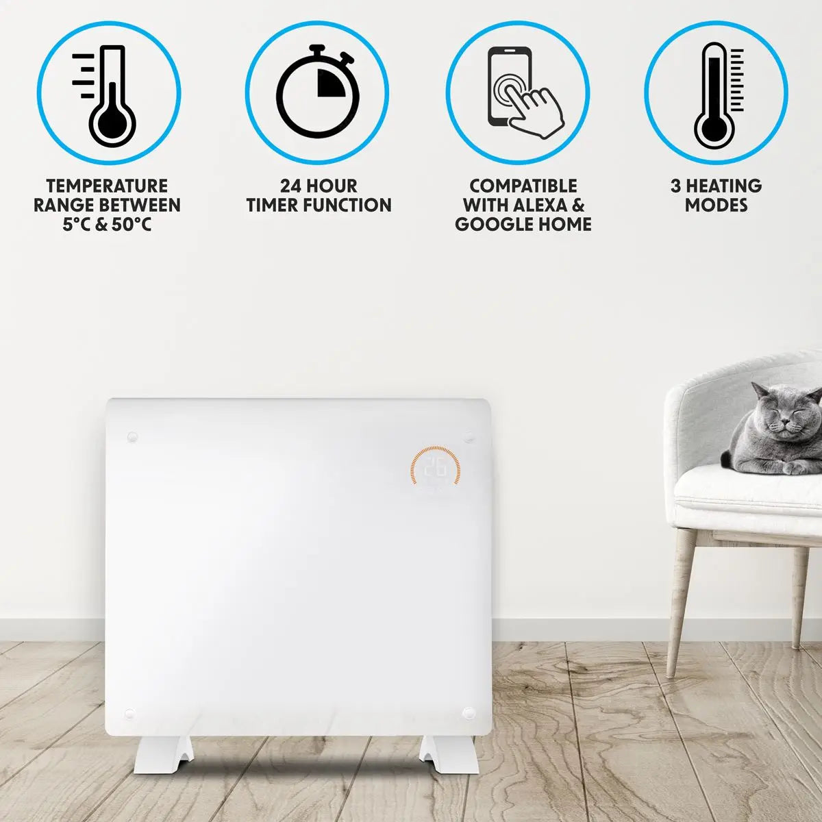 Baridi, Electric Glass Panel Heater, 1000W, Wi-Fi Enabled, White - DH136  White Rose Tools
