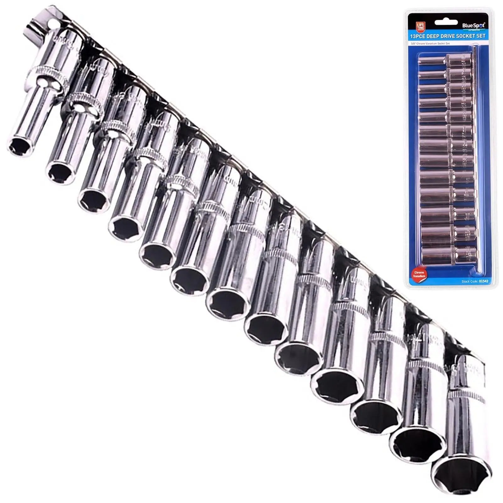 BlueSpot 3/8" Deep Socket Metric Long Reach Shaft 6-19mm Rail 13pc  White Rose Tools