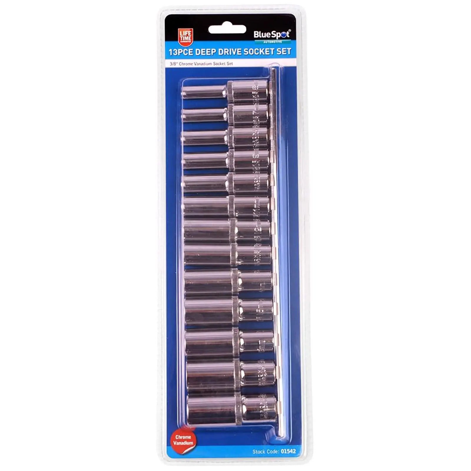 BlueSpot 3/8" Deep Socket Metric Long Reach Shaft 6-19mm Rail 13pc  White Rose Tools