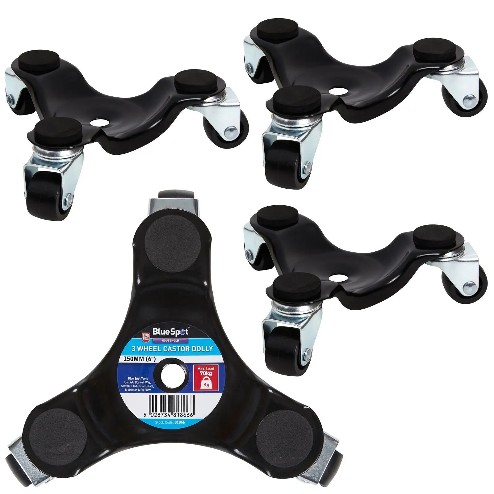 BlueSpot 3 Wheel Castor Dolly 150mm 70kg Load Capacity 4 Pack  White Rose Tools