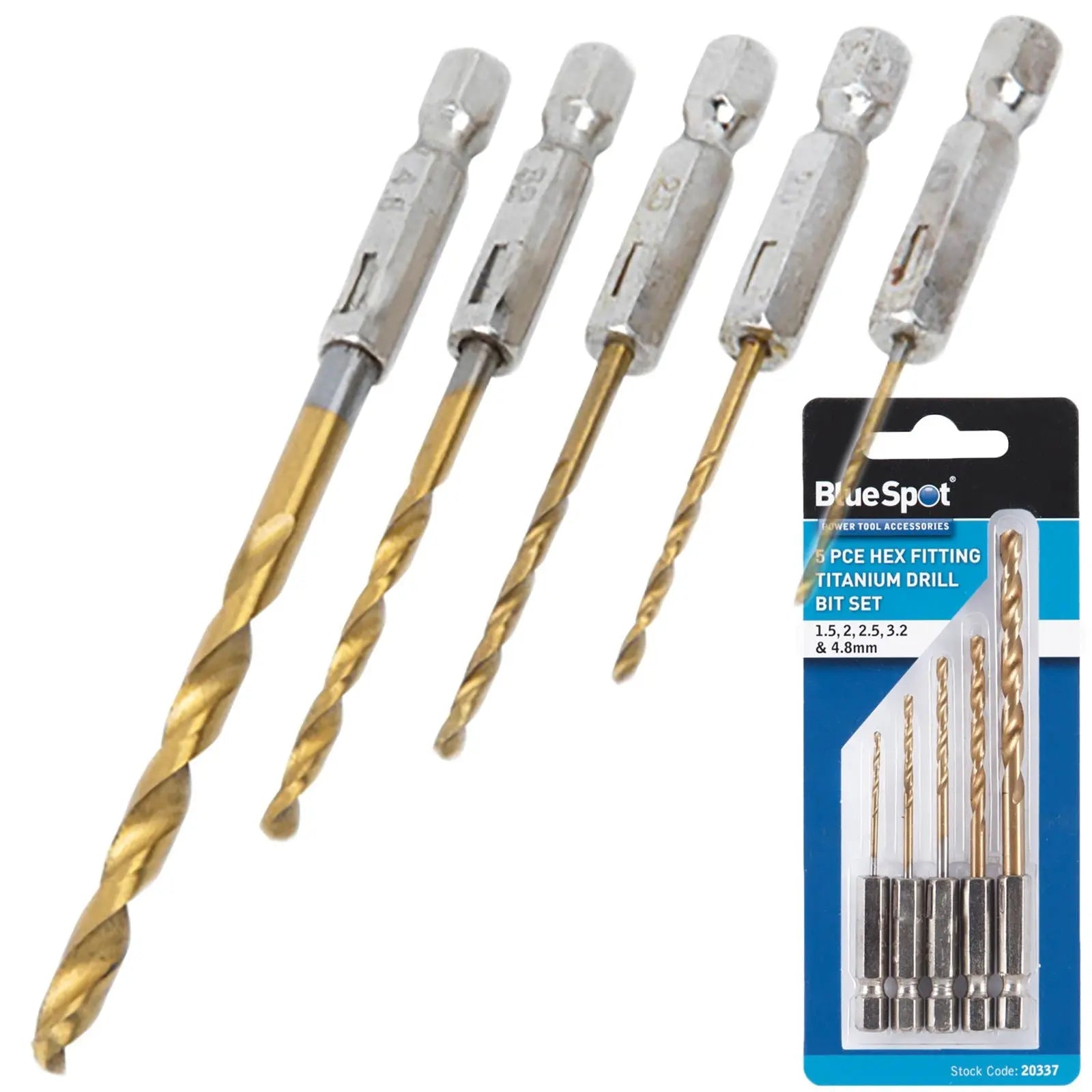 BlueSpot 5 Piece Titanium Drill Bit Set 1.5-4.8mm Hex Shank 