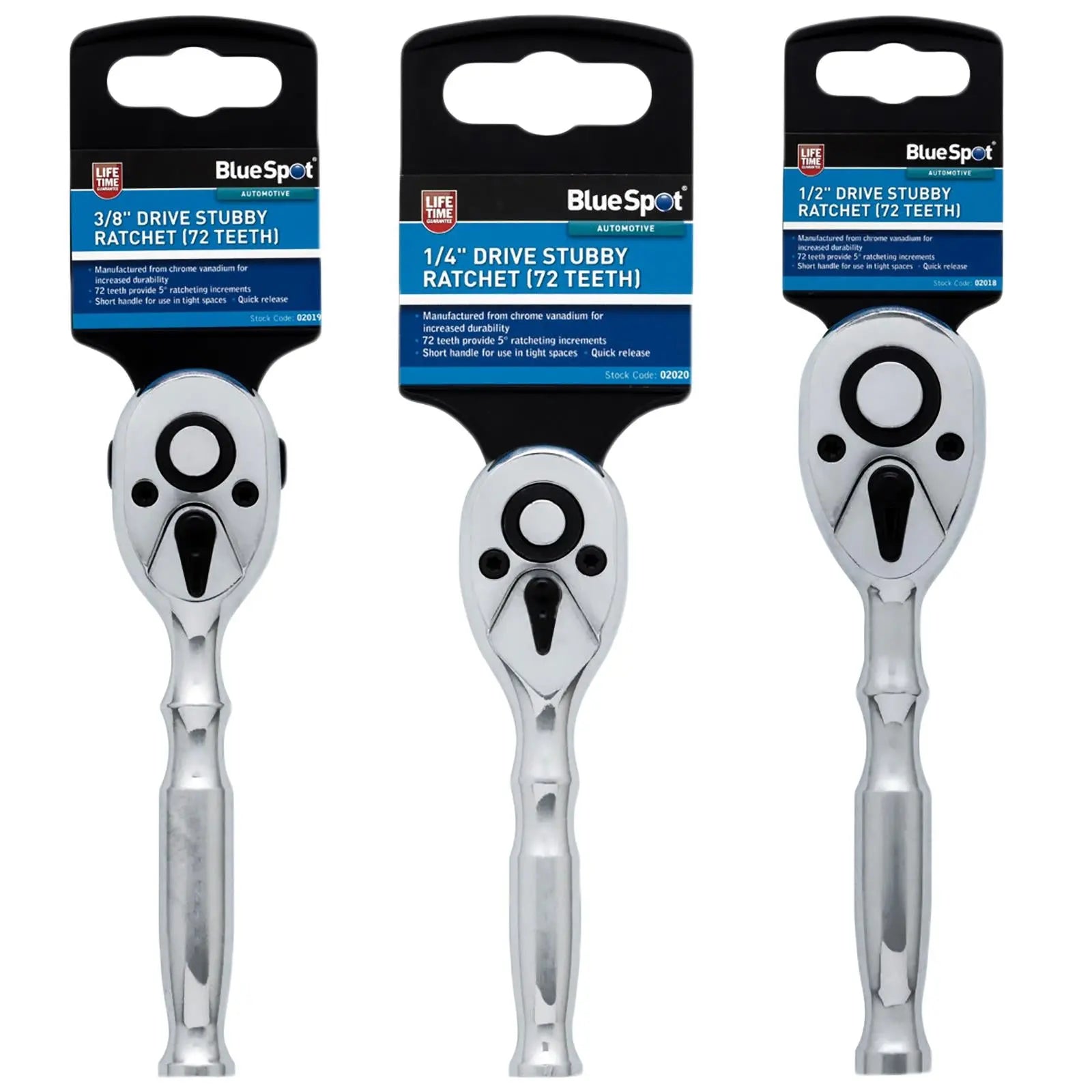BlueSpot 72 Tooth Stubby Socket Ratchet Handle 1/4" 3/8" 1/2" Drive 