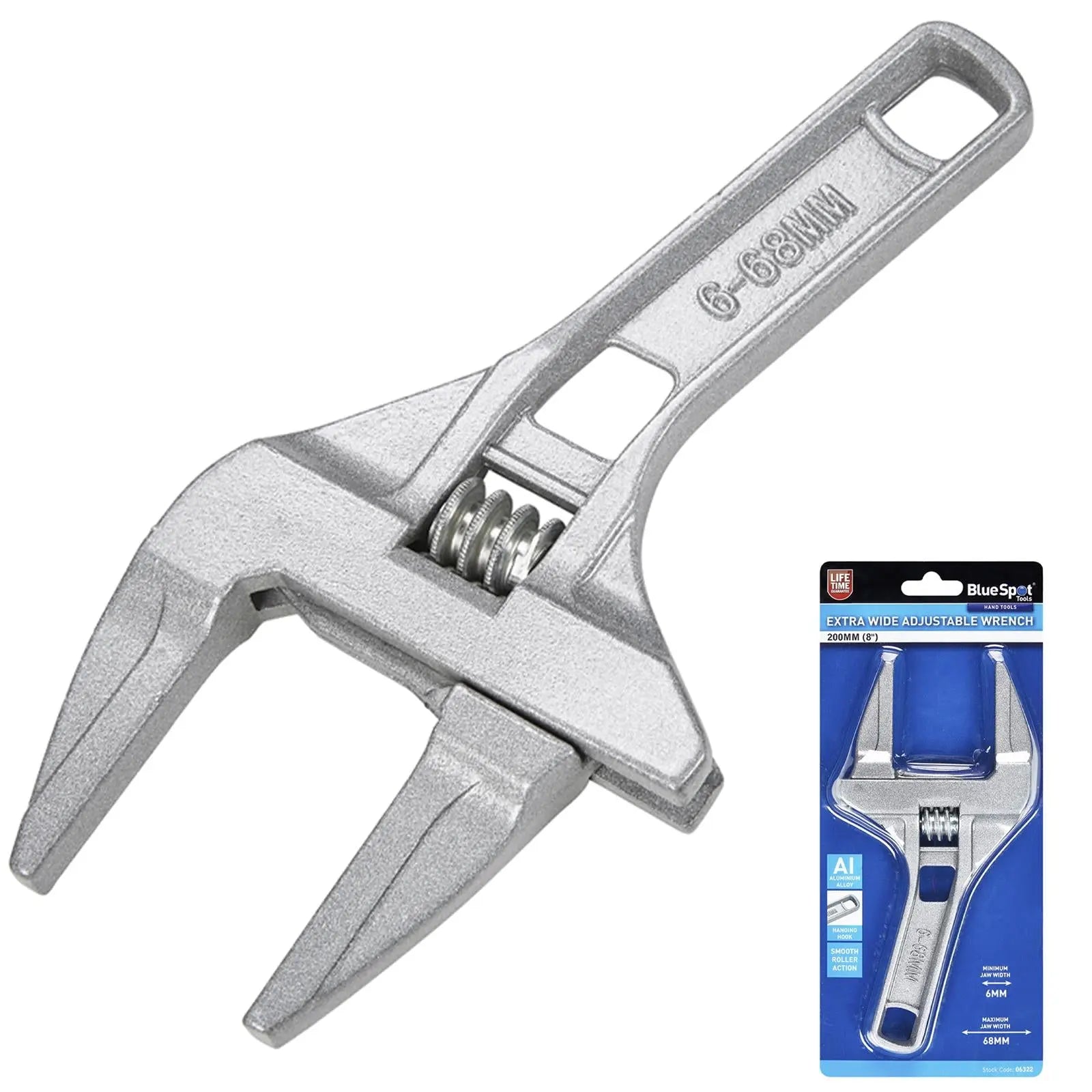 BlueSpot Adjustable Wrench Extra Wide 200mm 8in Jaw Width 68mm 