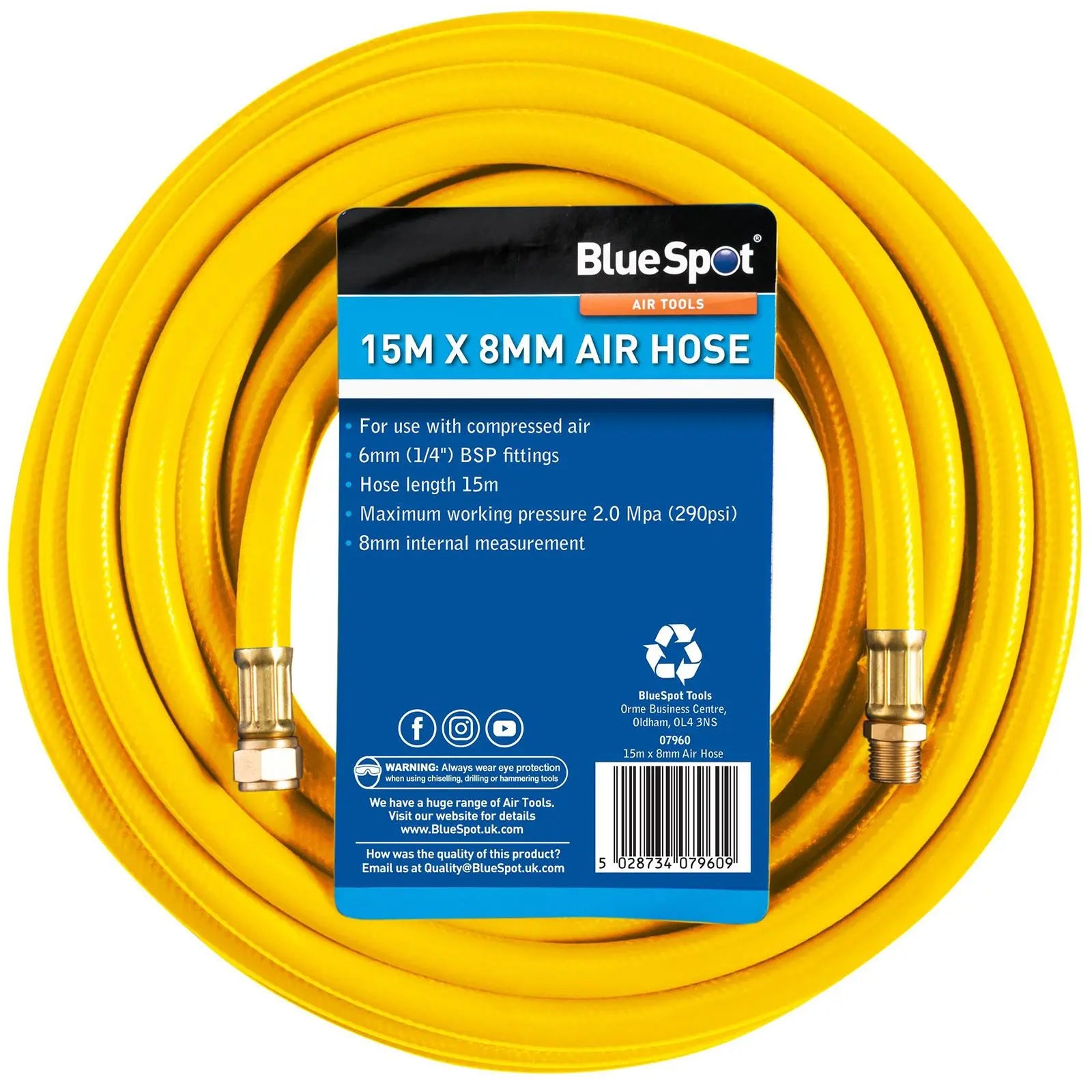 BlueSpot Air Hose 15m x 8mm with 1/4" BSP Fittings Reinforced Rubber 