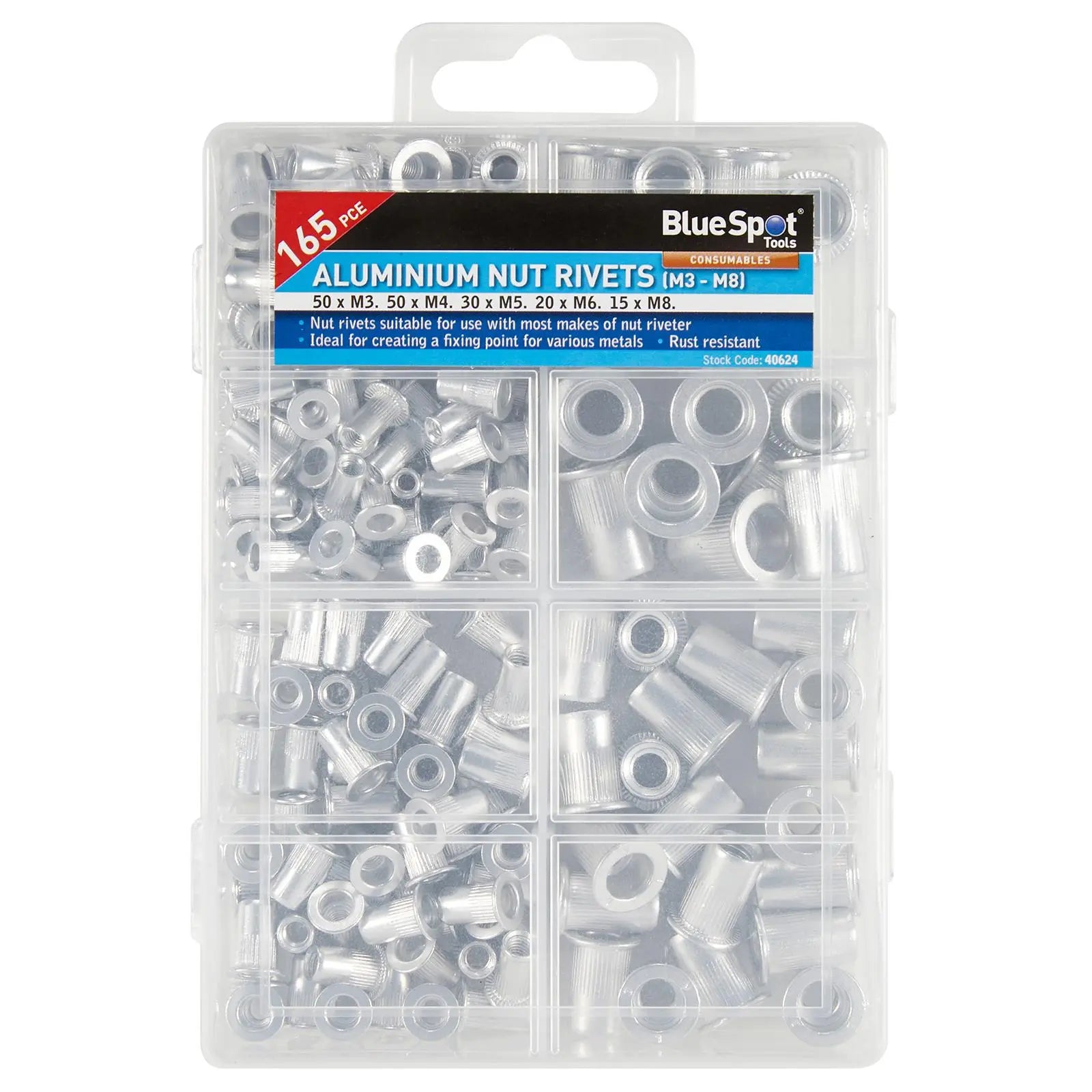 BlueSpot Aluminium Nut Rivets (M3 - M8) 165 Piece 
