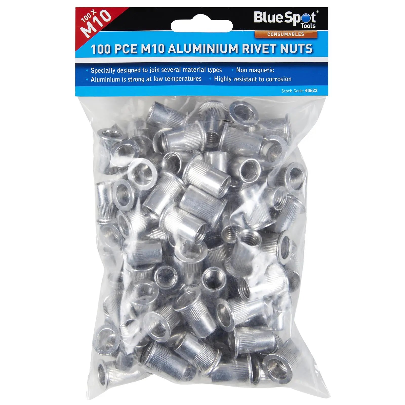 BlueSpot Aluminium Rivet Nuts M10 100 Piece Rivnuts 