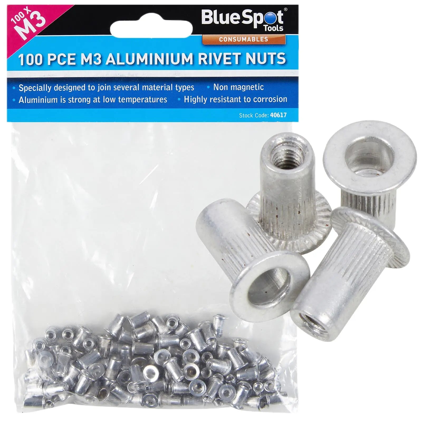 BlueSpot Aluminium Rivet Nuts M3 100 Piece Rivnuts 