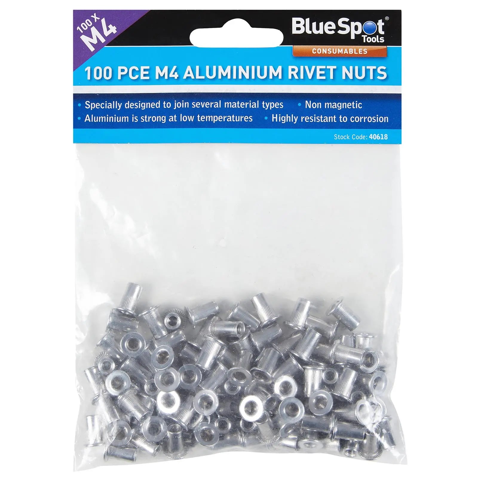 BlueSpot Aluminium Rivet Nuts M4 100 Piece Rivnuts 