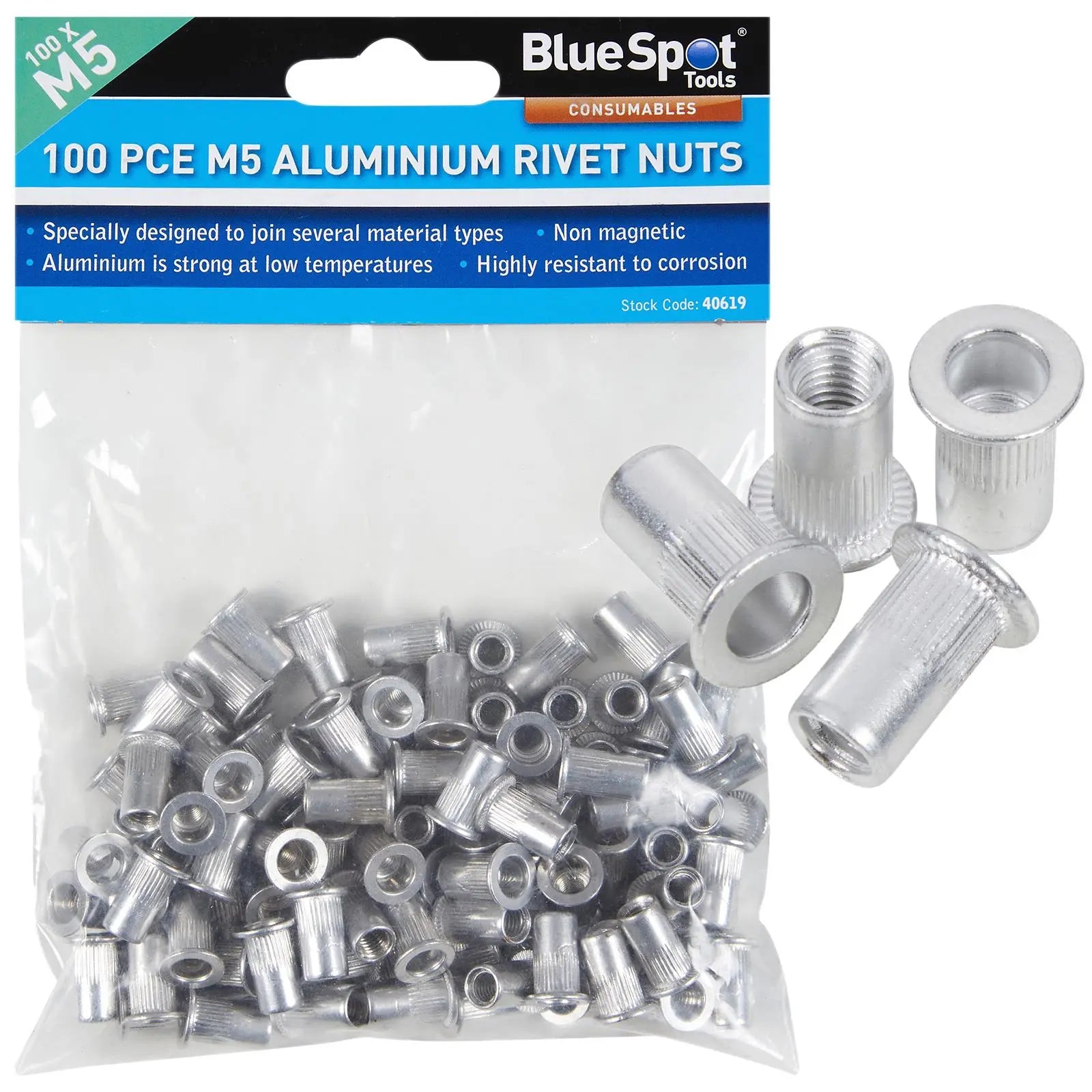 Flowered Rivnut BlueSpot Aluminium Rivet Nuts M5 100 Piece Rivnuts - White Rose Tools
