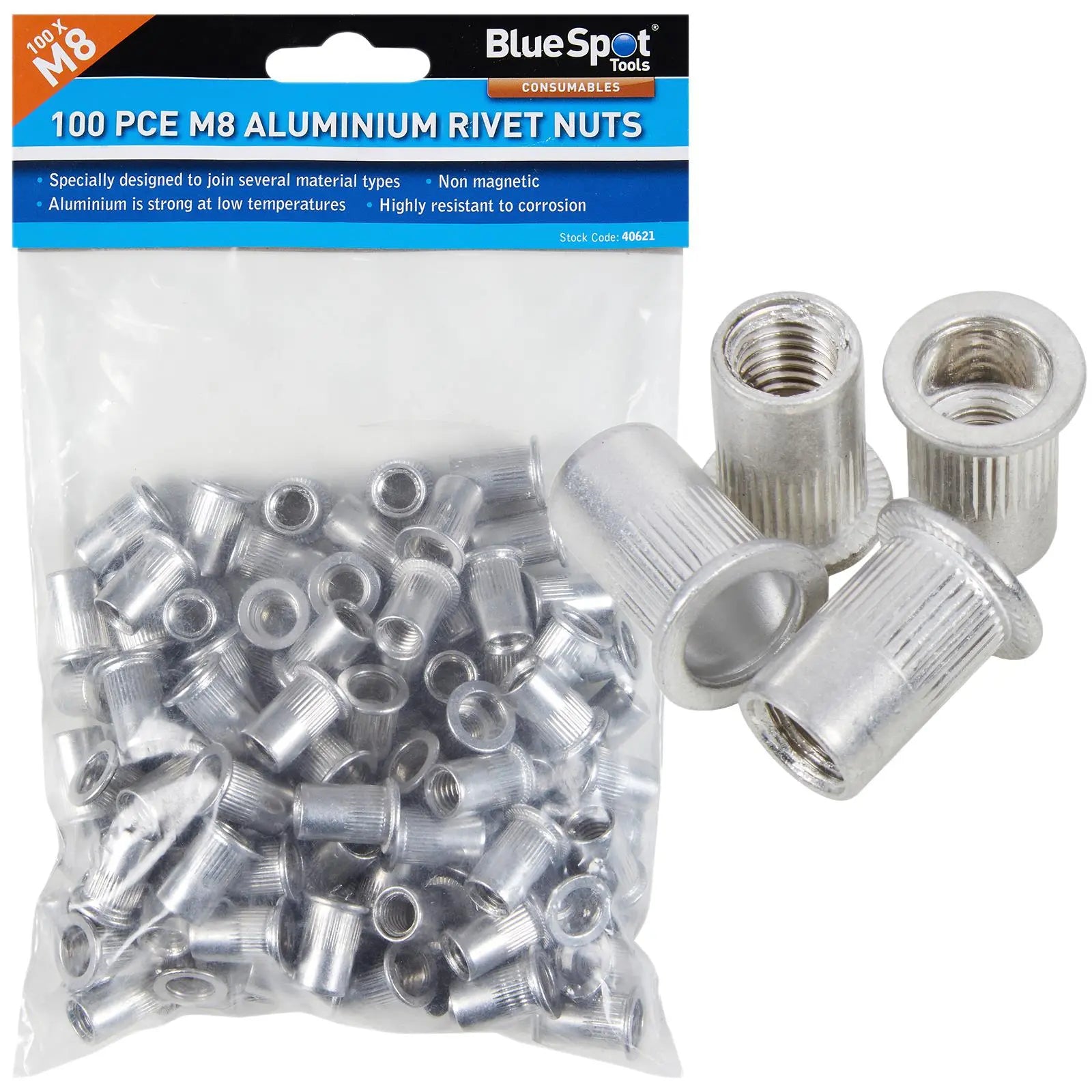 BlueSpot Aluminium Rivet Nuts M8 100 Piece Rivnuts - White Rose Tools
