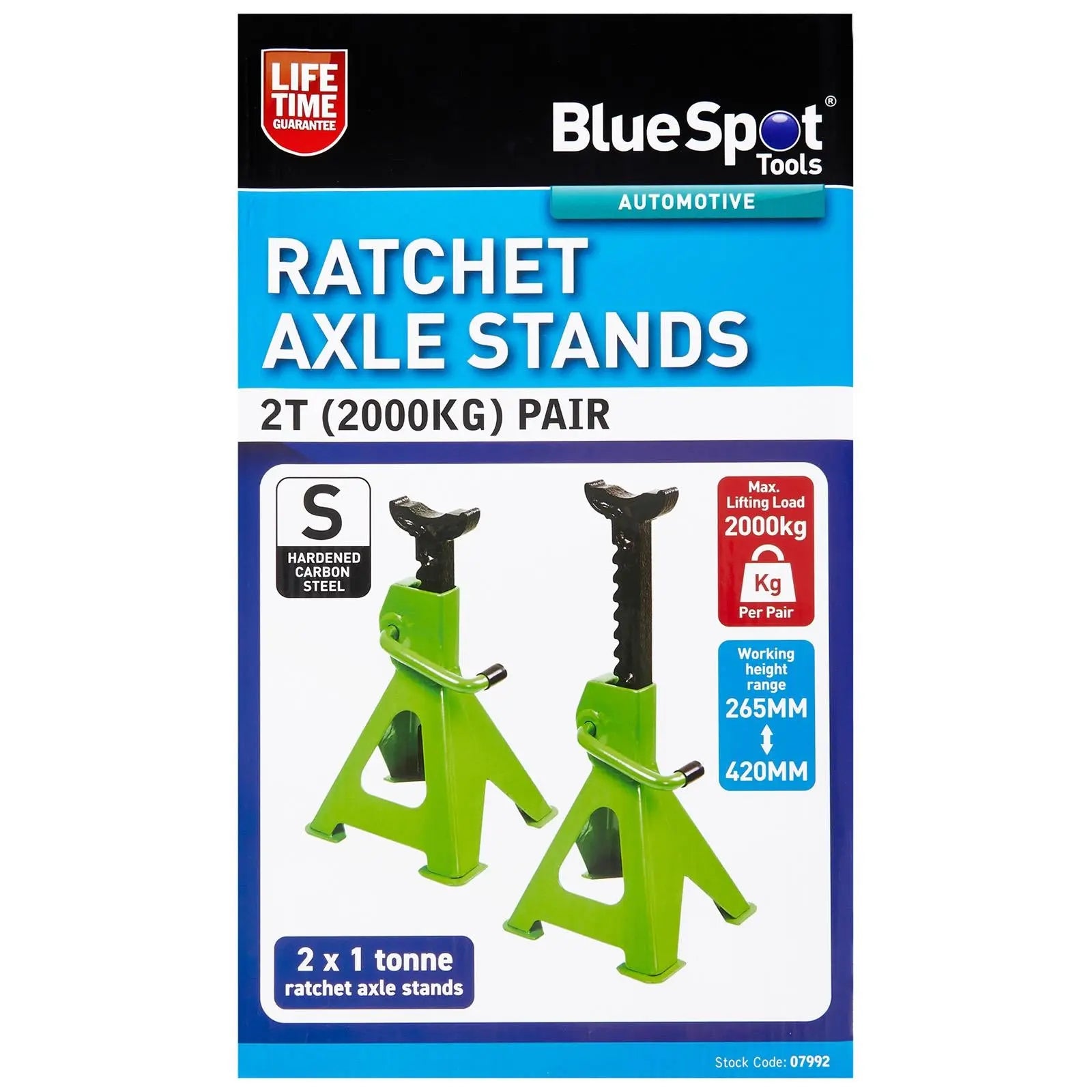 BlueSpot Axle Stands Ratchet Jack Stand 2 Tonne 2000kg 265-420mm Lifting Height  White Rose Tools