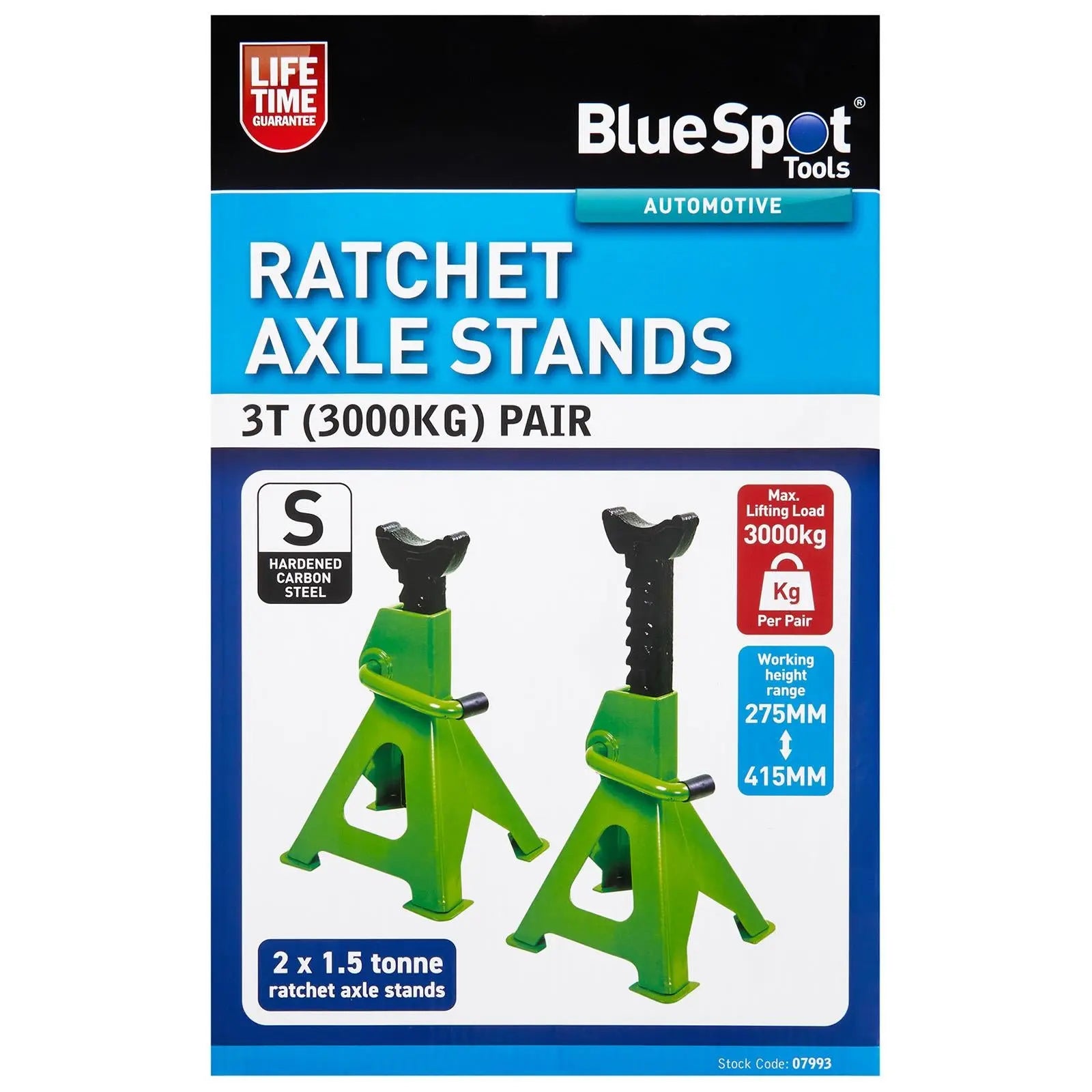 BlueSpot Axle Stands Ratchet Jack Stand 3 Tonne 3000kg 275-415mm Lifting Height  White Rose Tools