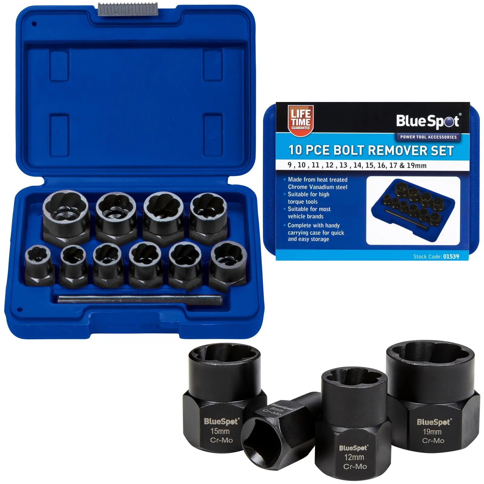 BlueSpot Bolt Remover Nut Extractor 3/8" 9-19mm Damaged Rounded Rusted Painted  White Rose Tools