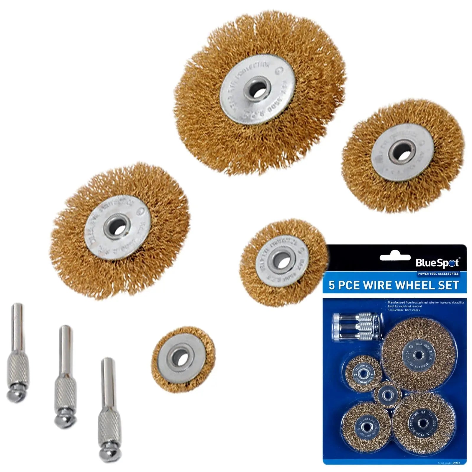 BlueSpot Brass Wire Wheel Set 5 Piece 1/4" Shank Madrels 