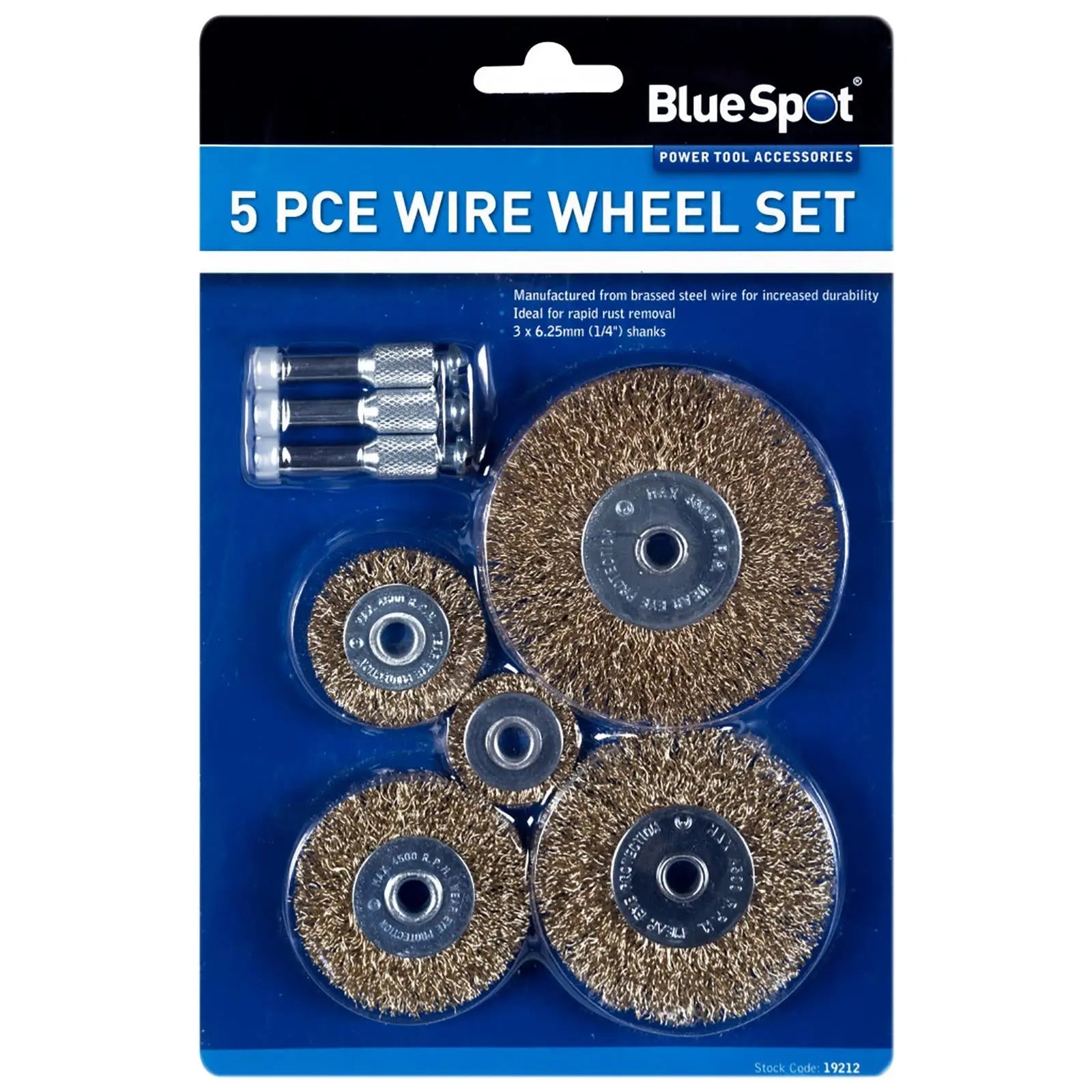 BlueSpot Brass Wire Wheel Set 5 Piece 1/4" Shank Madrels 