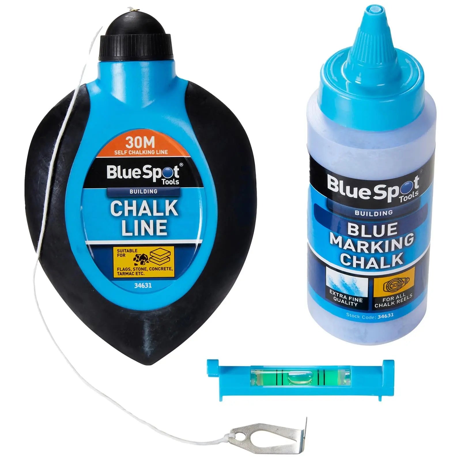 BlueSpot Chalk Line And Mini Level Set 30m 100ft 3 Piece  White Rose Tools