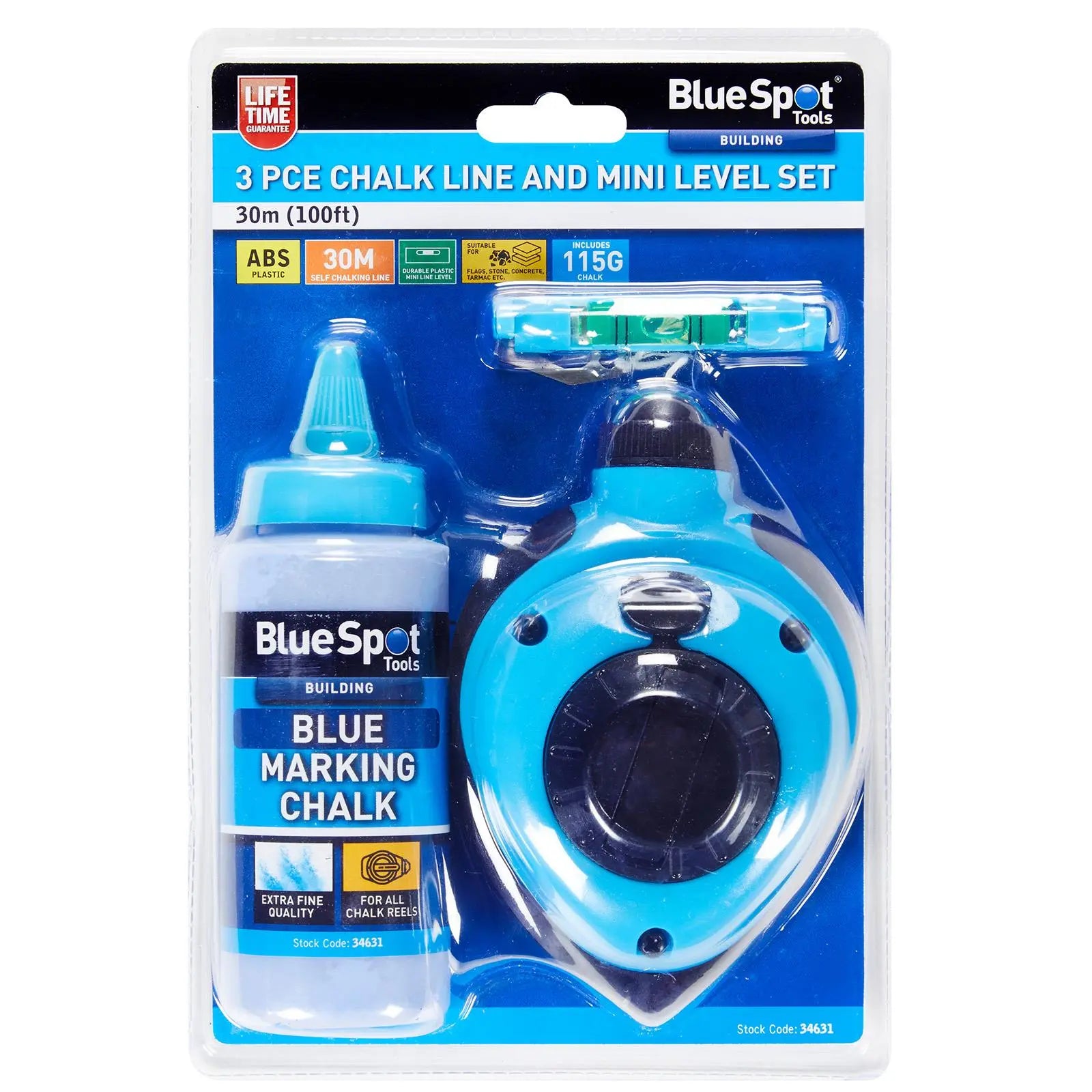 BlueSpot Chalk Line And Mini Level Set 30m 100ft 3 Piece  White Rose Tools