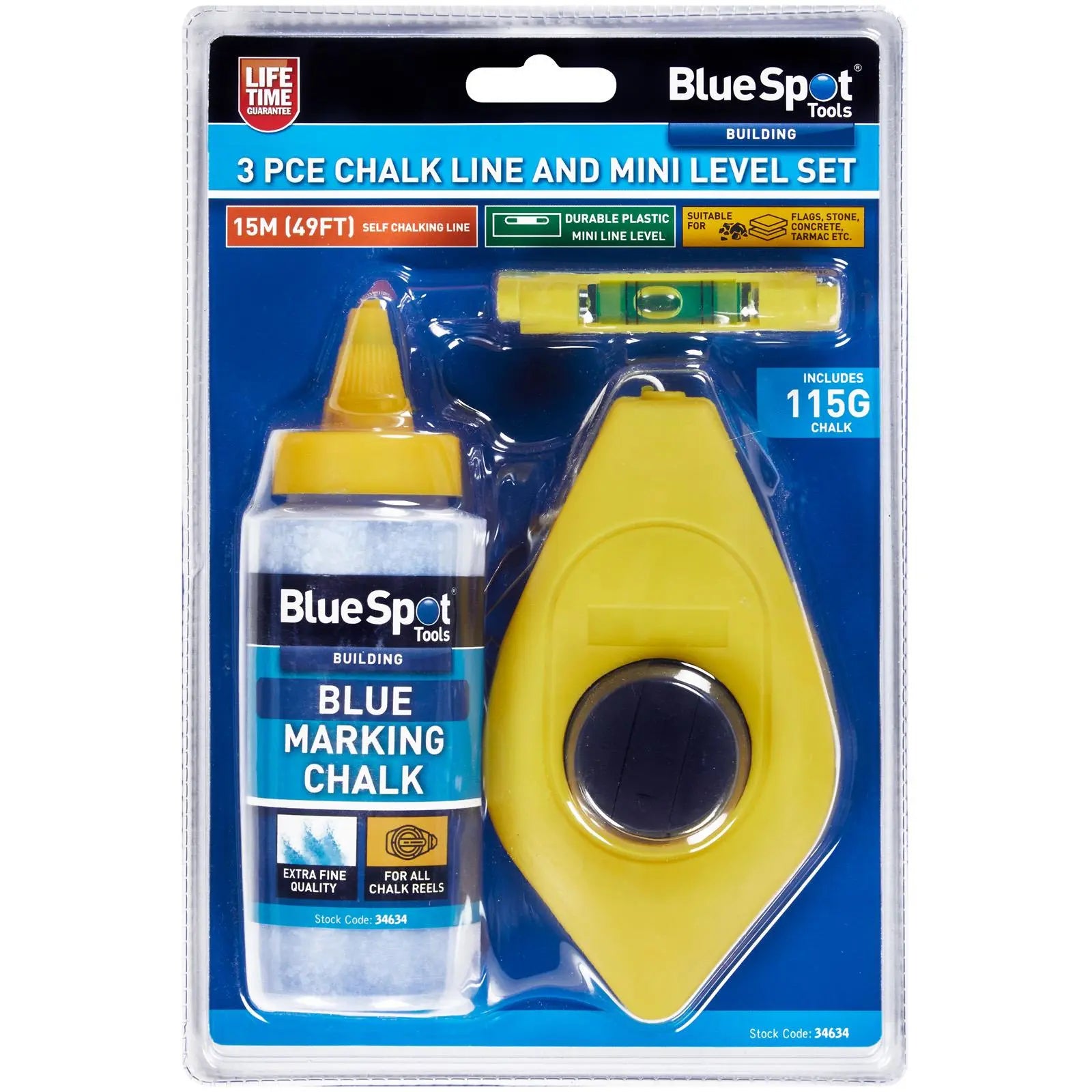 BlueSpot Chalk Line Set 15m Line Chalk and Level 3 Piece  White Rose Tools