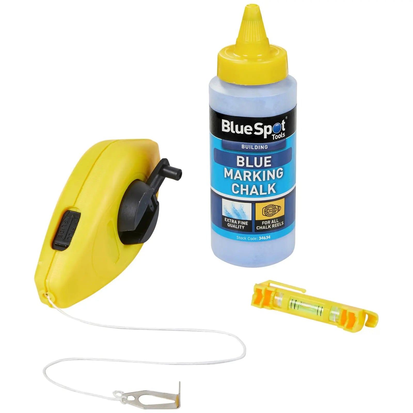 BlueSpot Chalk Line Set 15m Line Chalk and Level 3 Piece  White Rose Tools