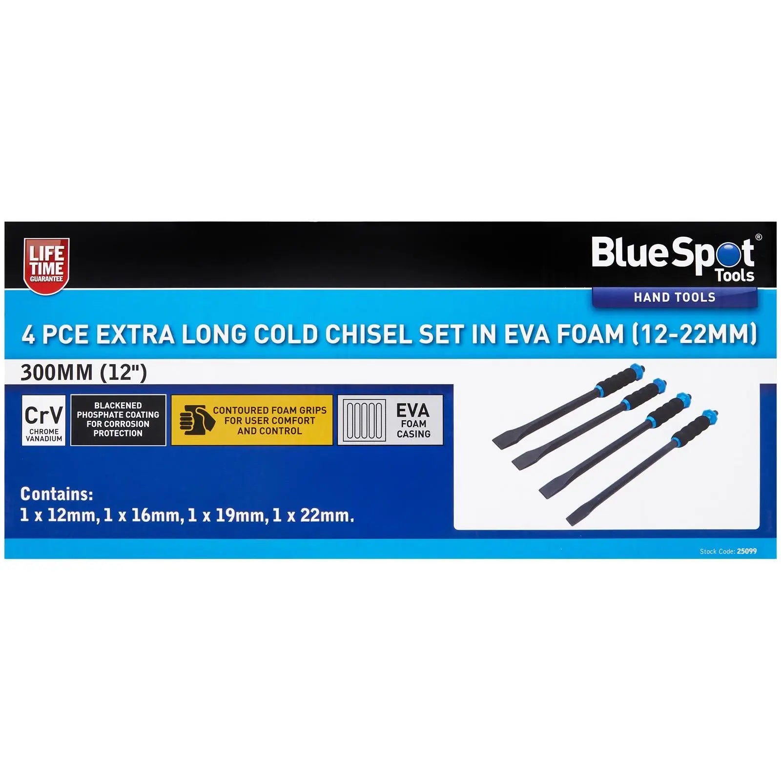 BlueSpot Cold Chisel Set Extra Long in EVA Foam 4 Piece 300mm 12-22mm  White Rose Tools