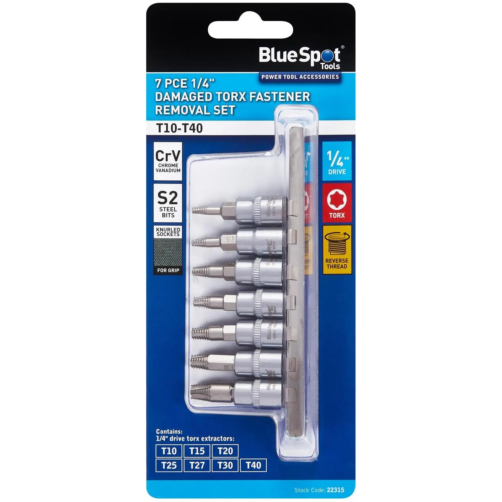 BlueSpot Damaged Torx Fastener Removal Set 1/4" Drive 7 Piece T10-T40  White Rose Tools