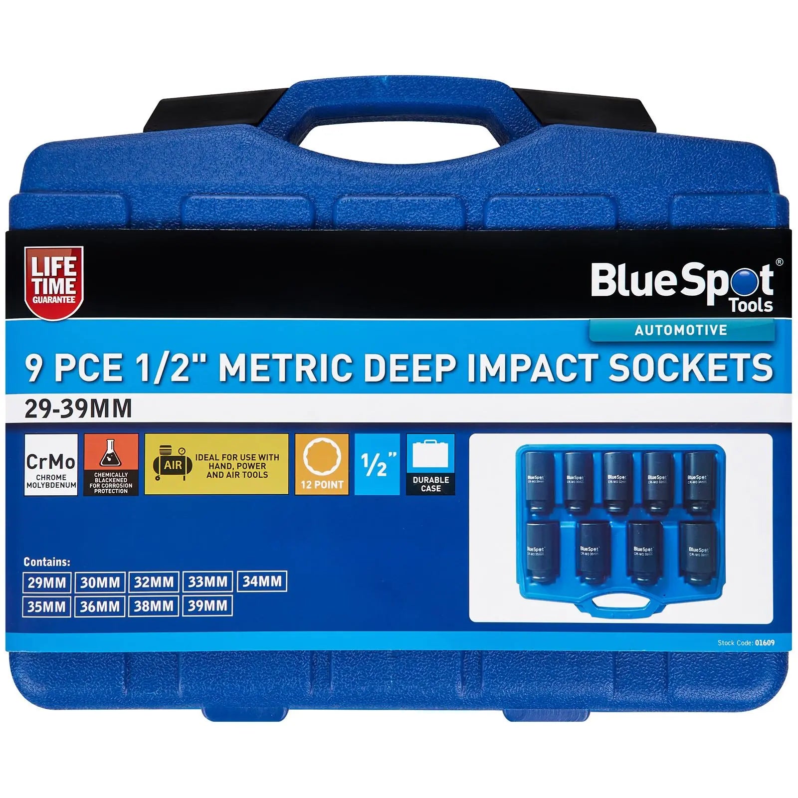 BlueSpot Deep Impact Socket Set 1/2" Drive 12 Point 29-39mm in Case 9 Piece  White Rose Tools