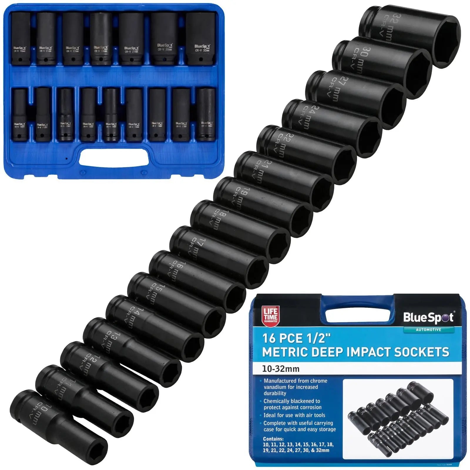 BlueSpot Deep Impact Socket Set 1/2" Drive Metric 10-32mm 16 Pieces  White Rose Tools