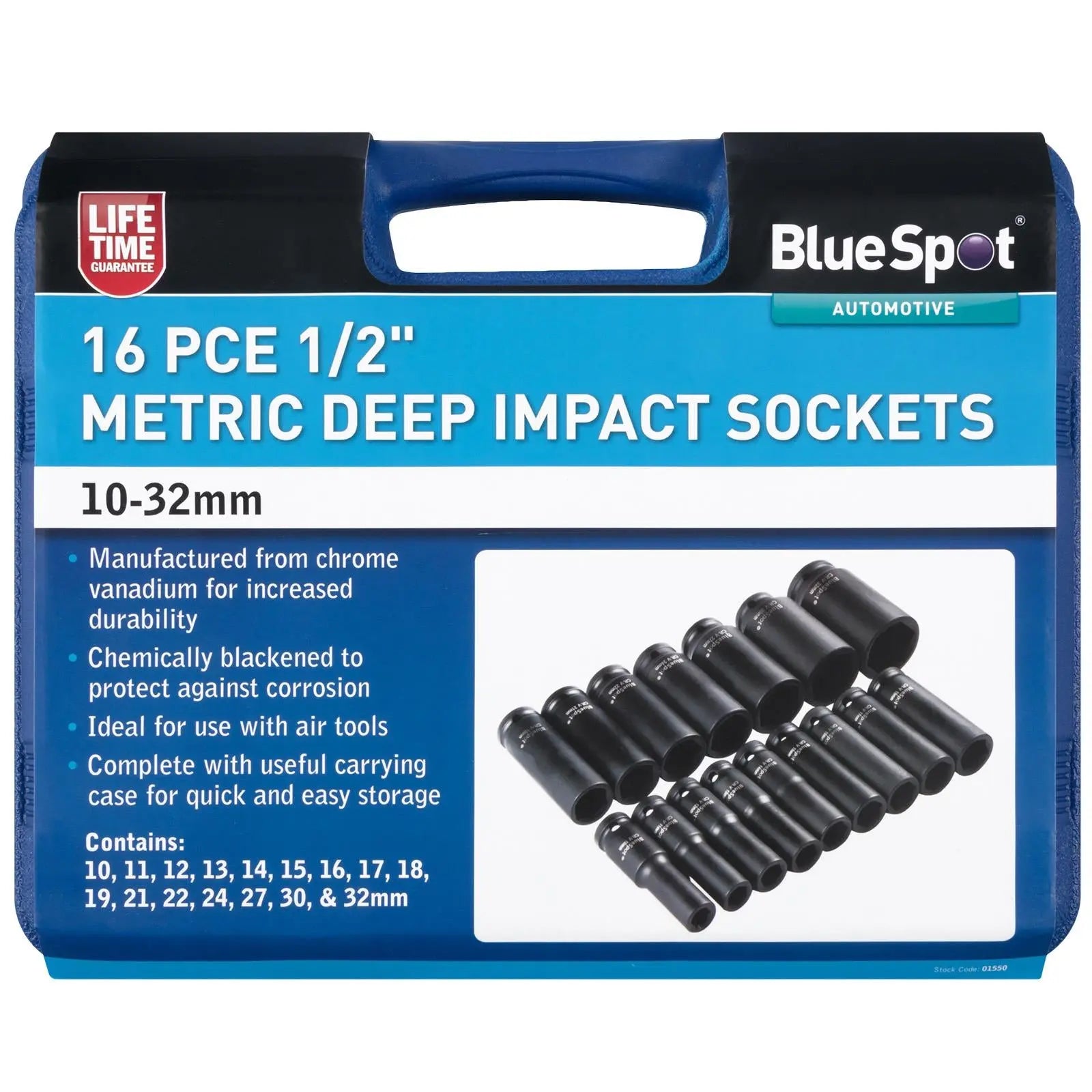 BlueSpot Deep Impact Socket Set 1/2" Drive Metric 10-32mm 16 Pieces  White Rose Tools