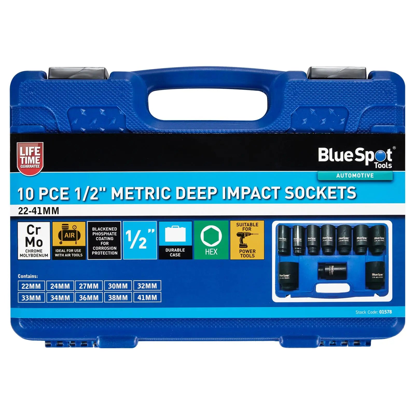 BlueSpot Deep Impact Socket Set 1/2" Metric 22mm-41mm 10 Piece  White Rose Tools