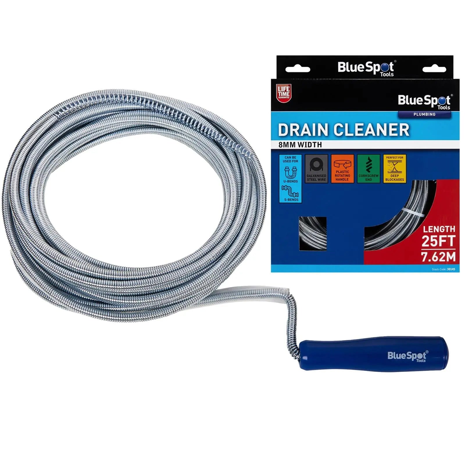 BlueSpot Drain Unblocker Cleaner 8mm x 7.62 meters 25 foot  White Rose Tools