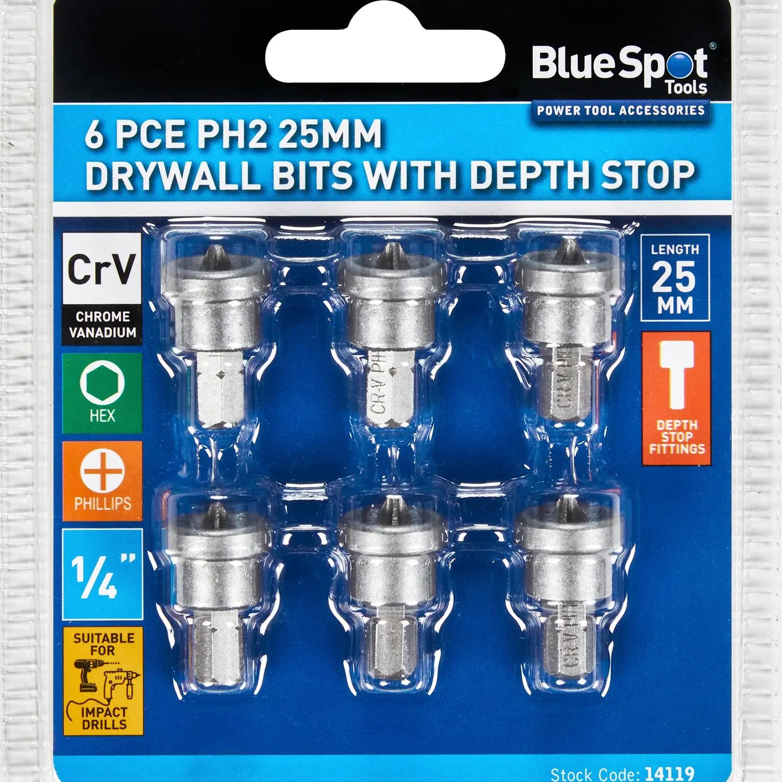 BlueSpot Drywall Bit Set PH2 25mm 6 Piece  White Rose Tools
