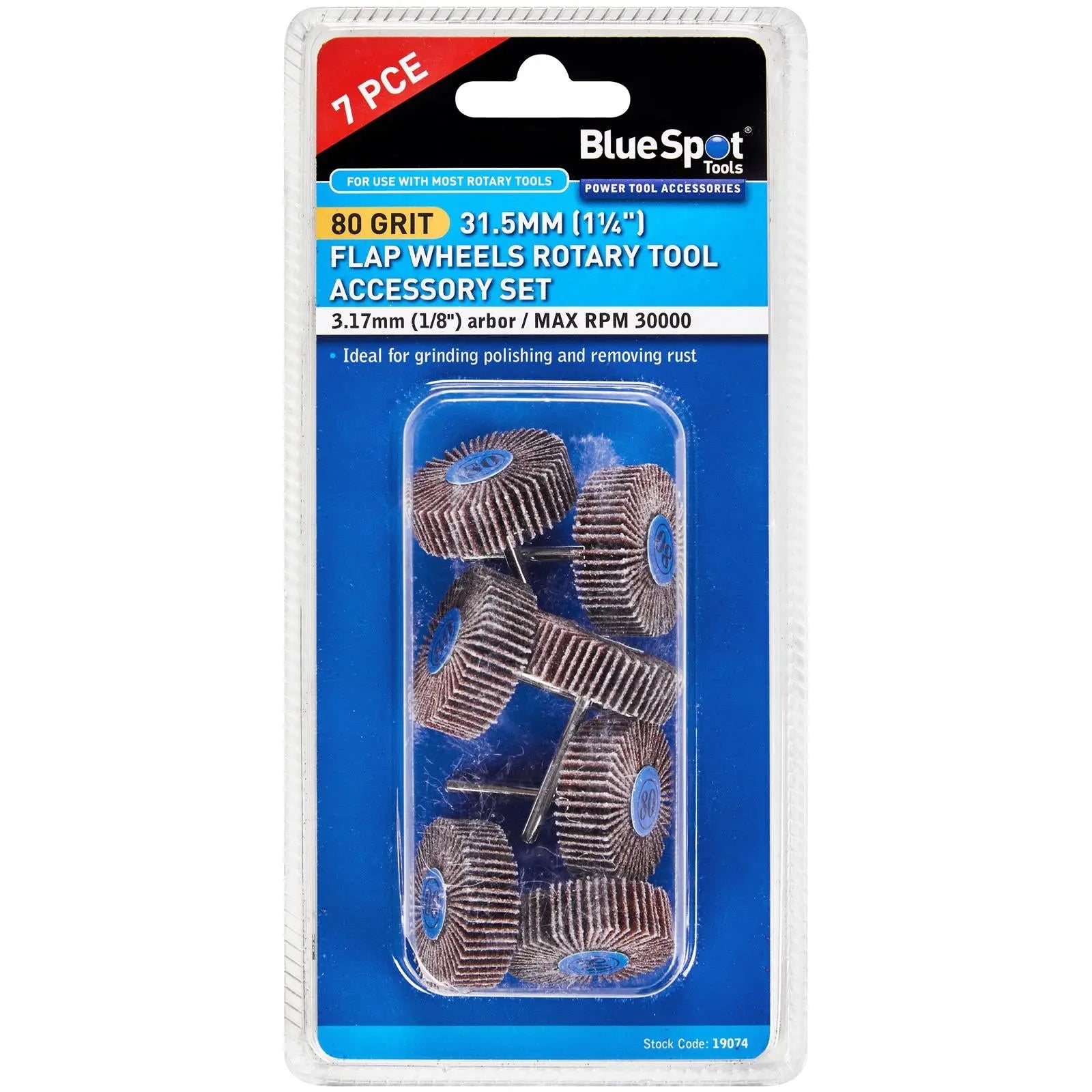 BlueSpot Flap Wheels 80 Grit 31.5mm for Rotary Tool 7 Piece  White Rose Tools