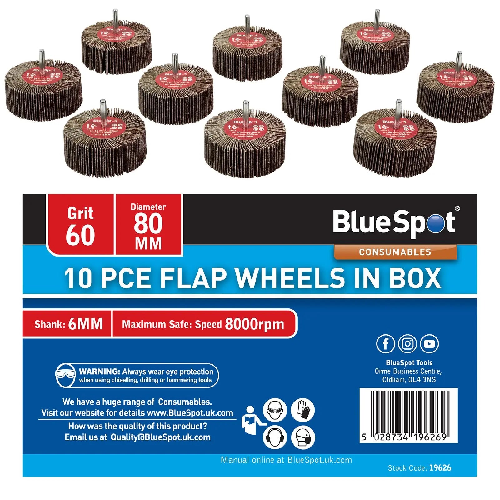 BlueSpot Flap Wheels In Box 10 Pieces 60 Grit 80mm 