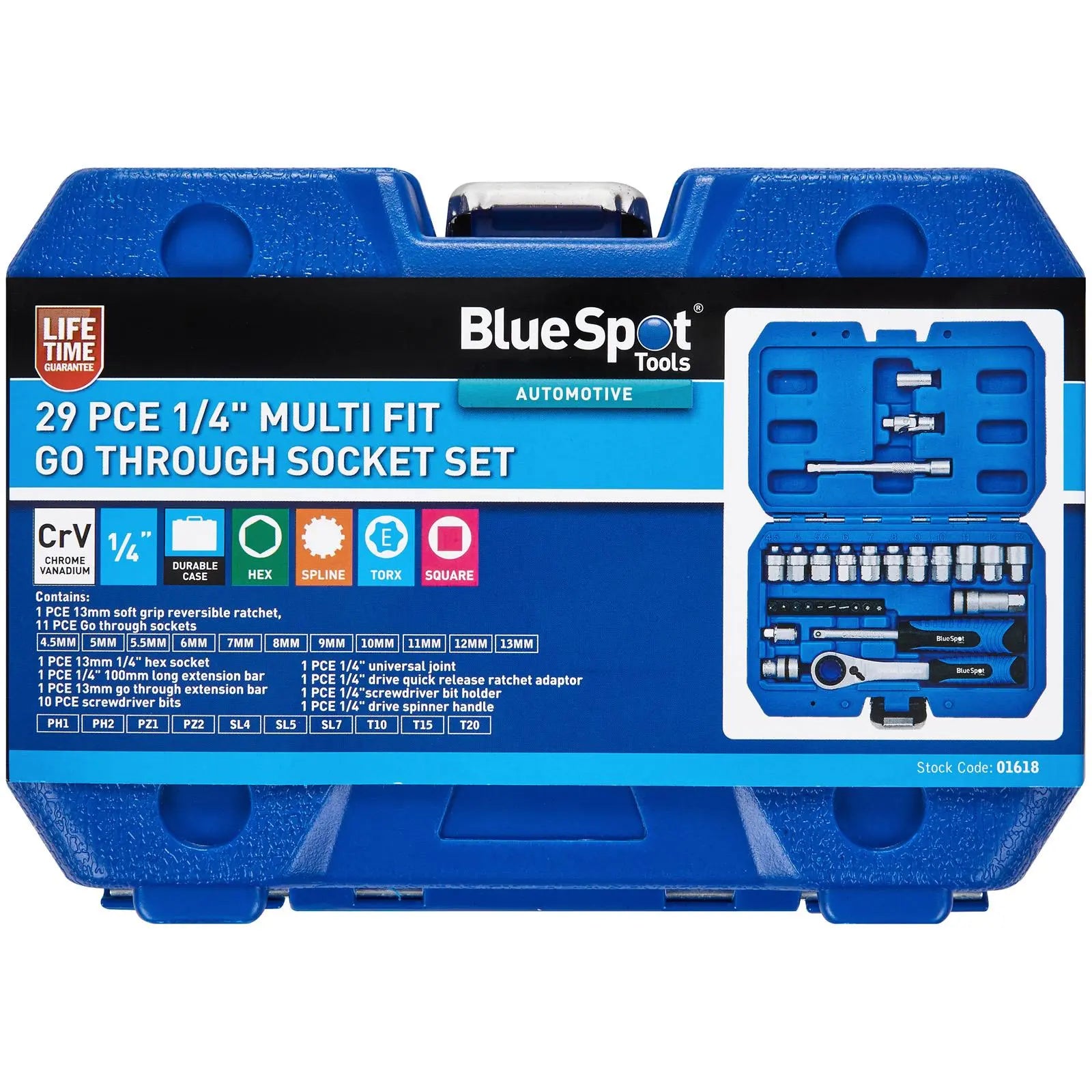 BlueSpot Go Through Multi Fit Socket Set 1/4" Drive 4.5-13mm 29 Piece  White Rose Tools